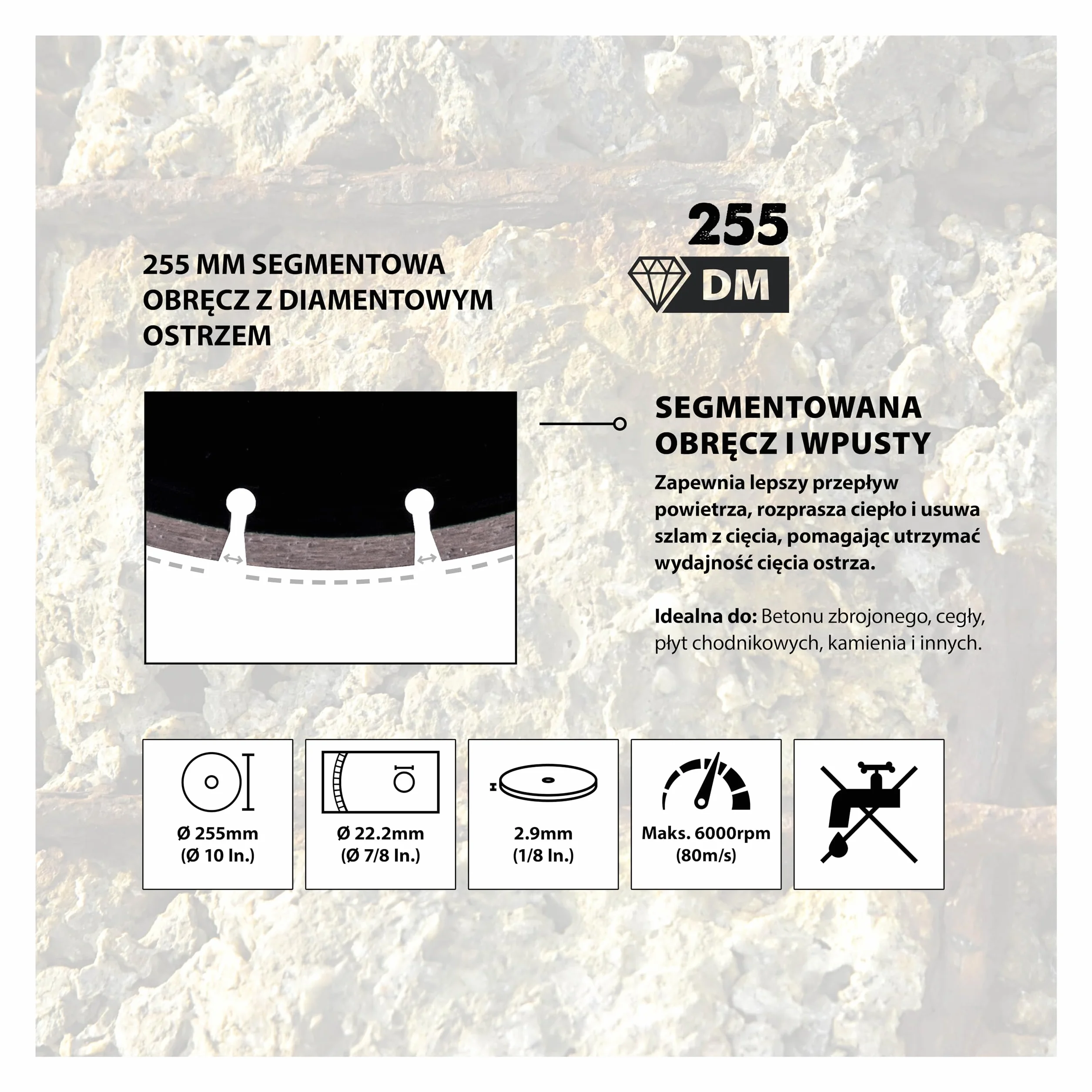 Evolution Power Tools Tarcza diamentowa D255SEG-CS do przecinarki tarczowej/piły do betonu, tnie kamień, beton zbrojony, cegłę i kostkę brukową, 230 mm