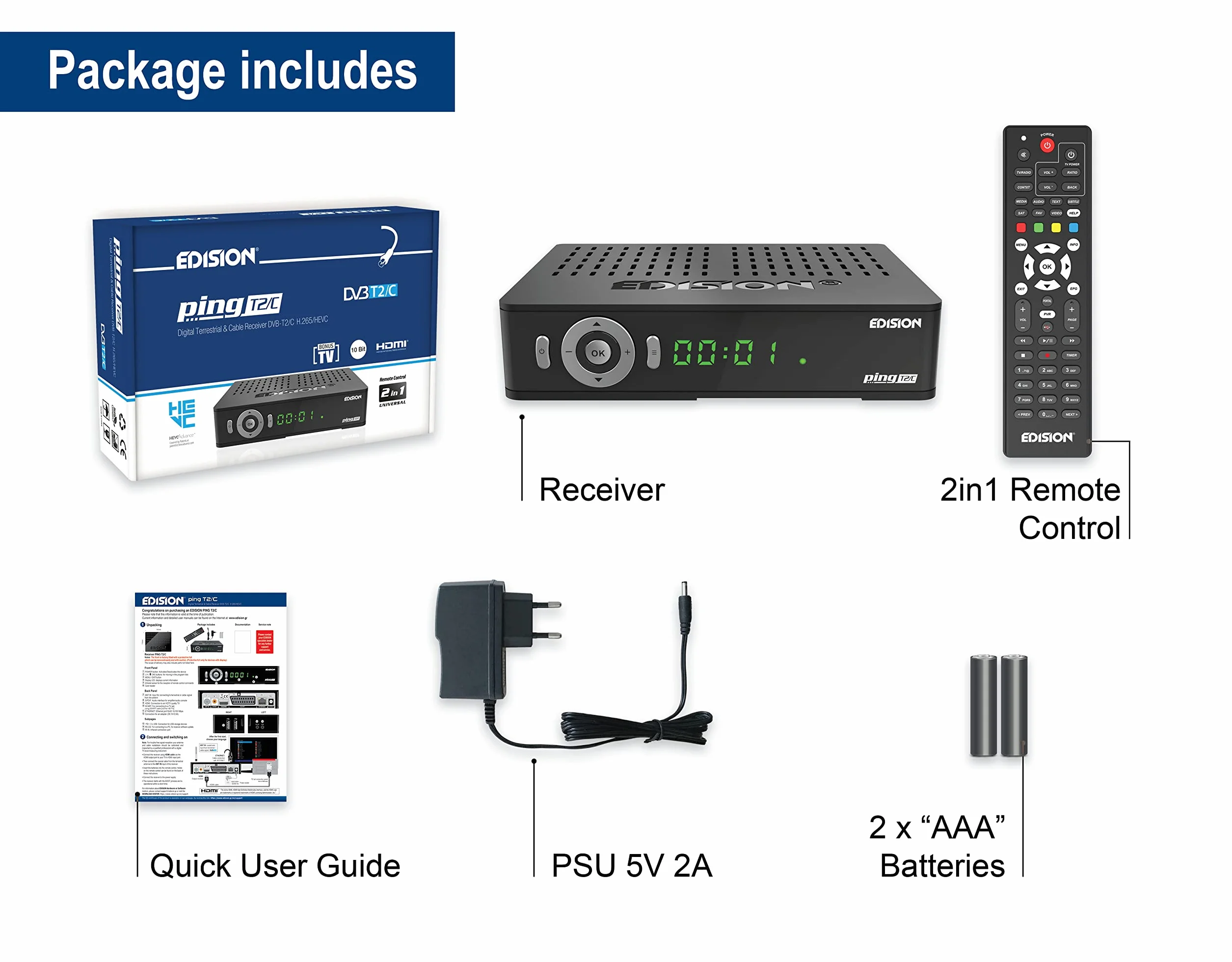 Dekoder dvb-t2 hevc EDISION PING T2/C naziemnej i kablowy Odbiornik, DVB-T2/C H.265, Czytnik kart, Full HD, PVR, 2x USB, HDMI, SCART, LAN, S/PDIF, RS232, IR, Obsługa USB WiFi, Uni. pilot 2w1, Czarny