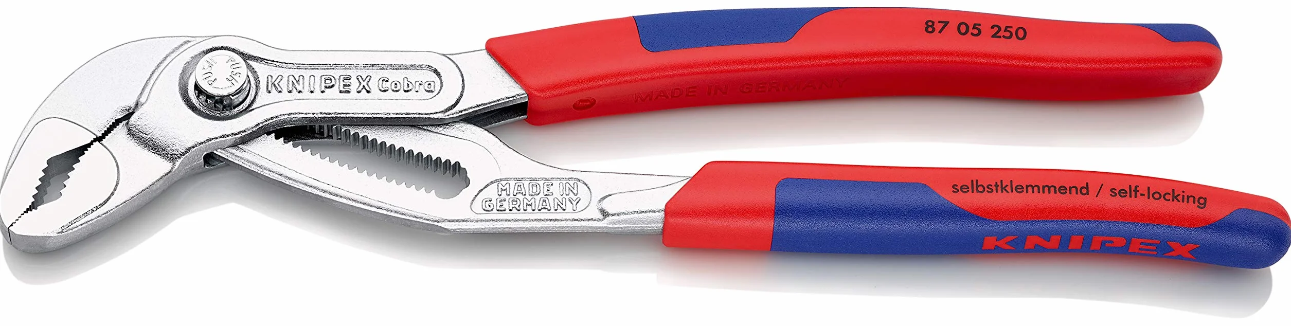 KNIPEX Cobra Szczypce nastawne do rur nowej generacji chromowany z wąskimi, wielokomponentowymi nasadkami 250 mm, 87 05 250