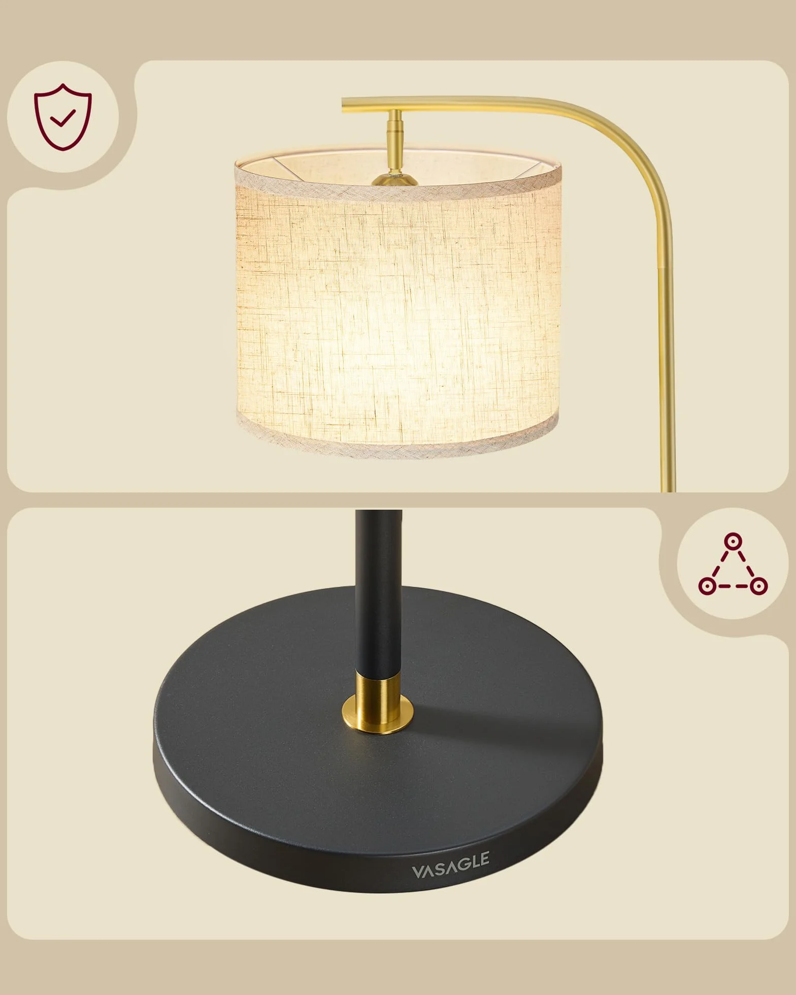 VASAGLE Lampa stojąca, lampa łukowa, lampa stojąca, lampka do czytania z regulacją wysokości, wysokość 150-175 cm, nowoczesna, z przyciskiem nożnym, abażur z tkaniny, oprawka E27, matowa czerń