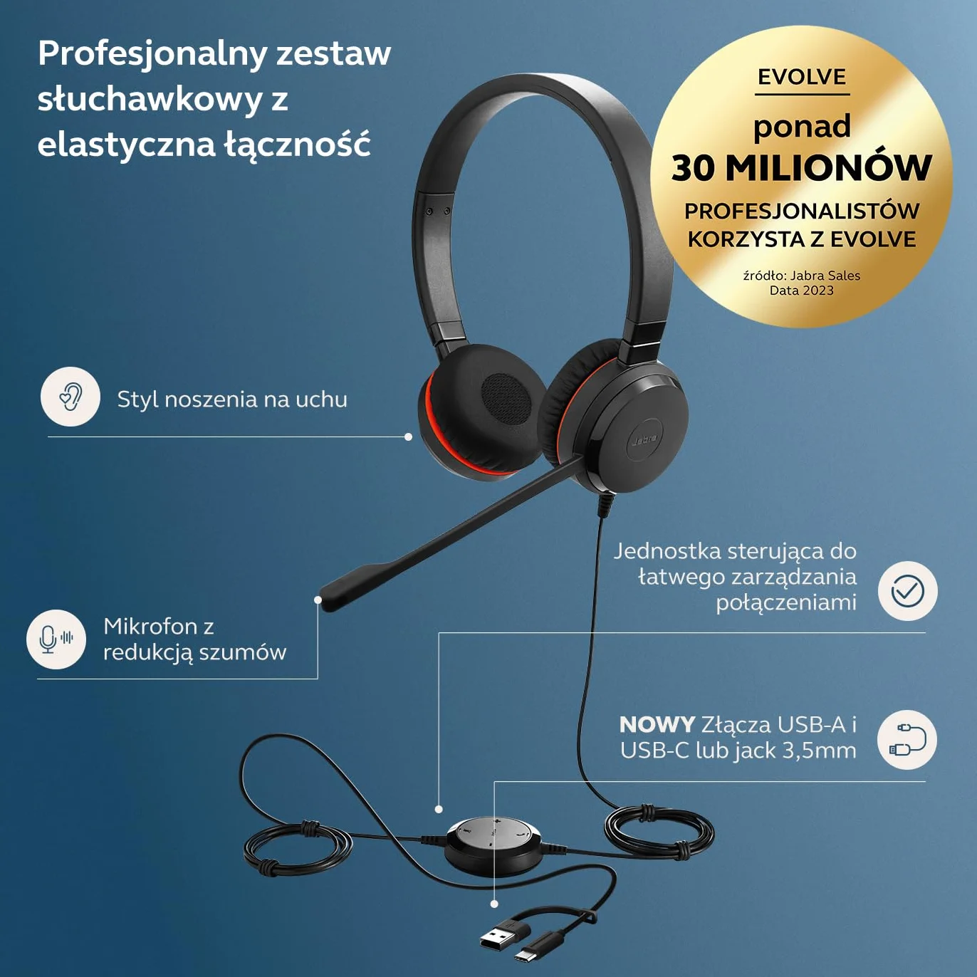 Jabra Evolve 30 II zestaw słuchawkowy stereo przewodowy Microsoft Teams certyfikat USB-C/A z redukcją szumów