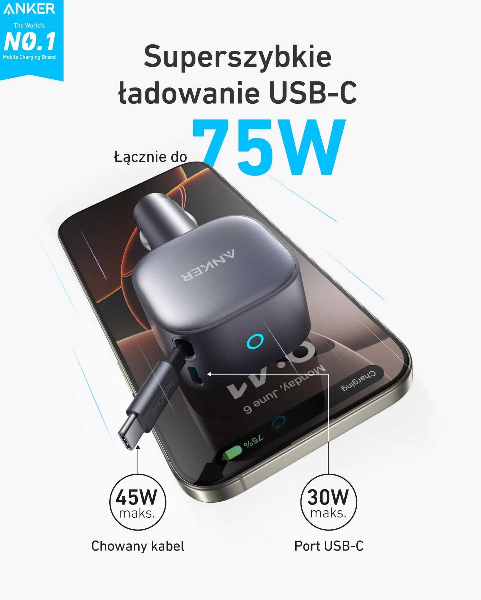 Anker Ładowarka samochodowa USB-C 75W z wbudowanym zwijanym kablem