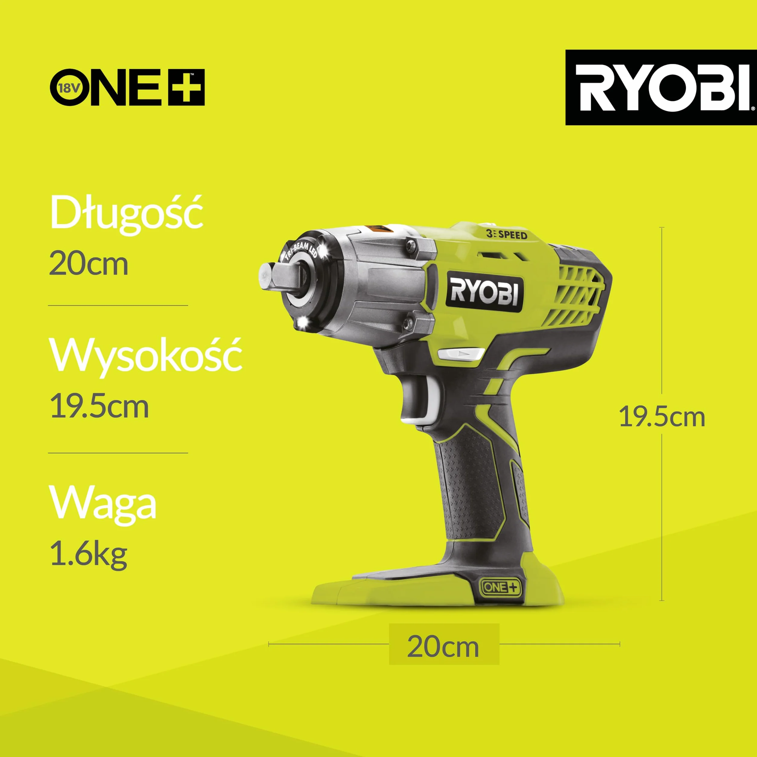 Ryobi Akumulatorowy Klucz Udarowy R18IW3-0, 18 V, 400 Nm, Uchwyt 1/2", 3 Ustawienia Prędkości, Światło LED