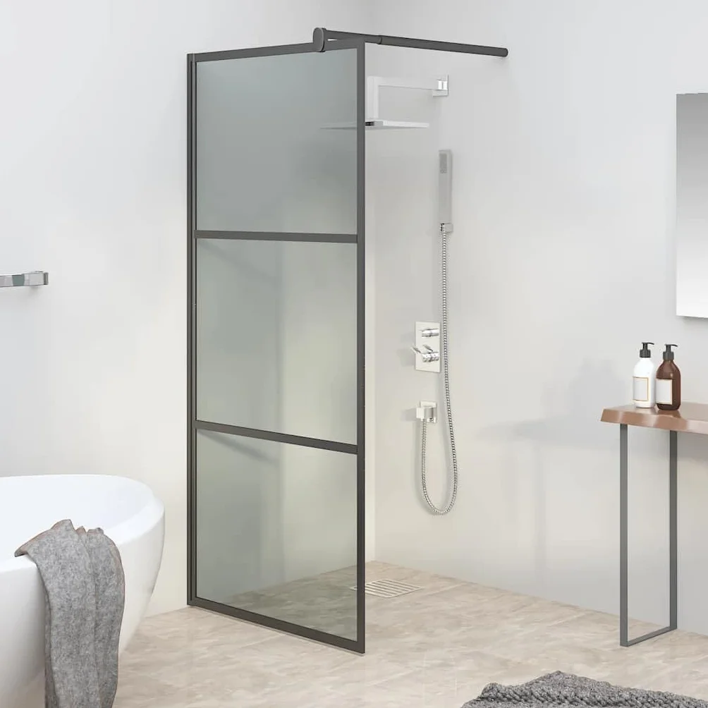 Ścianka prysznicowa do prysznica Walk-in, 90 x 195 cm, ciemna, szkło ESG, czarna, 5 mm, ochrona przed pryskaniem, rama aluminiowa, regulowany profil, drążek podporowy 70 do 120 cm