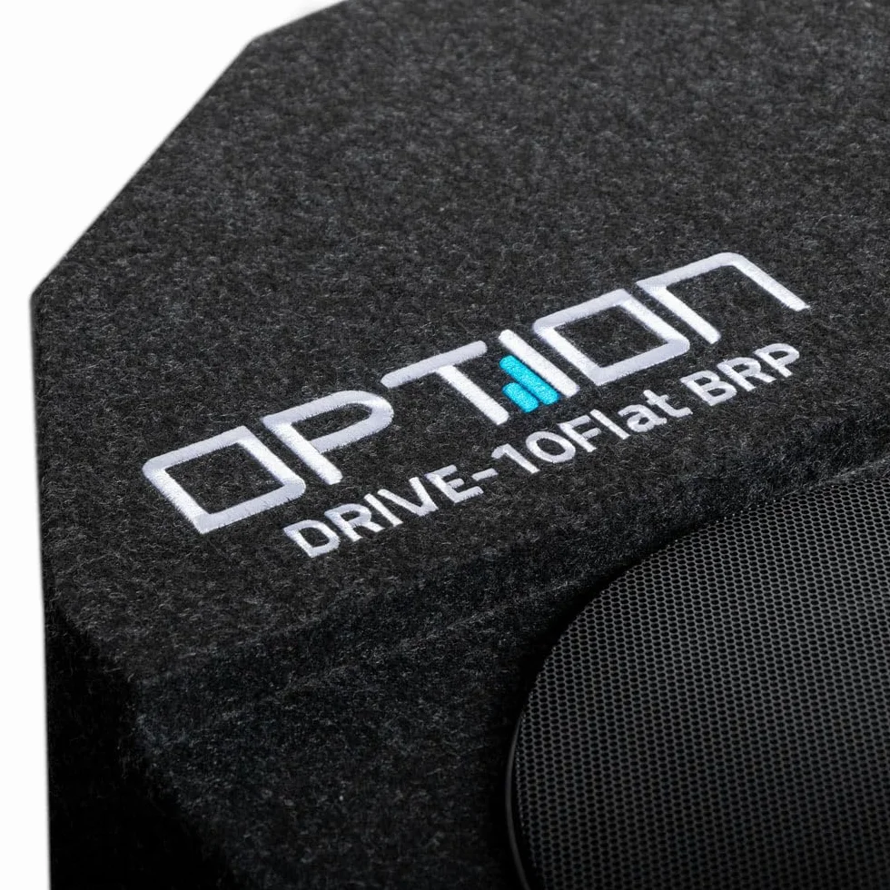 Option DRIVE10FLAT-BRP-D2 - pasywny subwoofer z kółkiem zapasowym 25 cm (300 W RMS) z podwójną cewką oscylacyjną 2 x 2 omy - płaski subwoofer o wysokości 13 cm