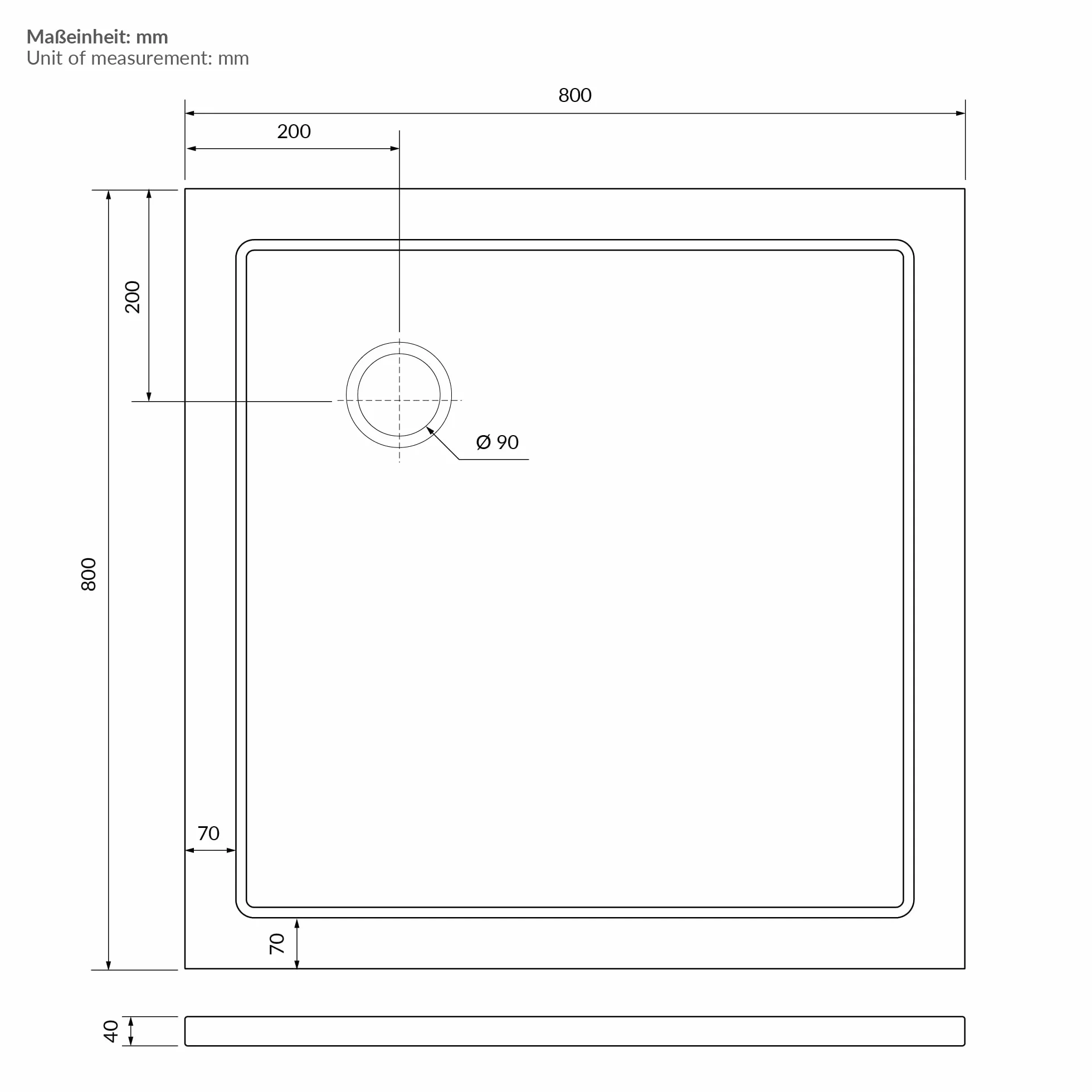 LuxeBath Brodzik Prysznicowy 80 x 80 cm Biały, Kwadratowy Wysokość z Syfonem i Odpływem, Ultrapłaski Brodzik z SMC, Wysokość 40 mm, Promień 55 cm, Wysoki Połysk, Narożny, Do Kabiny Prysznicowej
