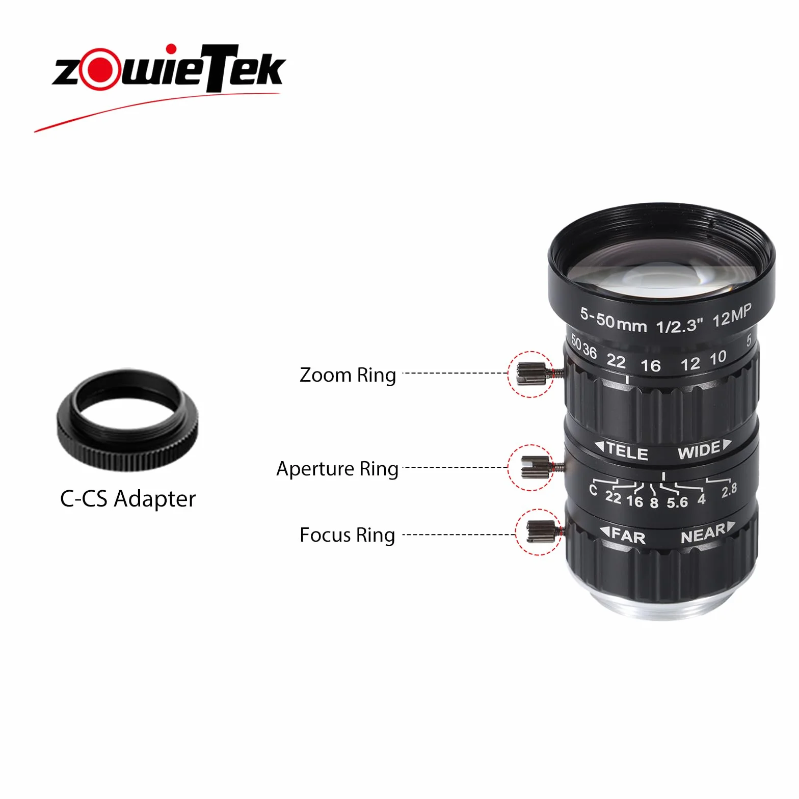 Zowietek Obiektyw zmiennoogniskowy o niskim zniekształceniu, 5-50 mm, 12 MP, z adapterem C-CS, do montażu ZowieCAM POV CS/C, kamery IMX477 Raspberry Pi HQ, przemysłowy obiektyw teleskopowy, ręczne
