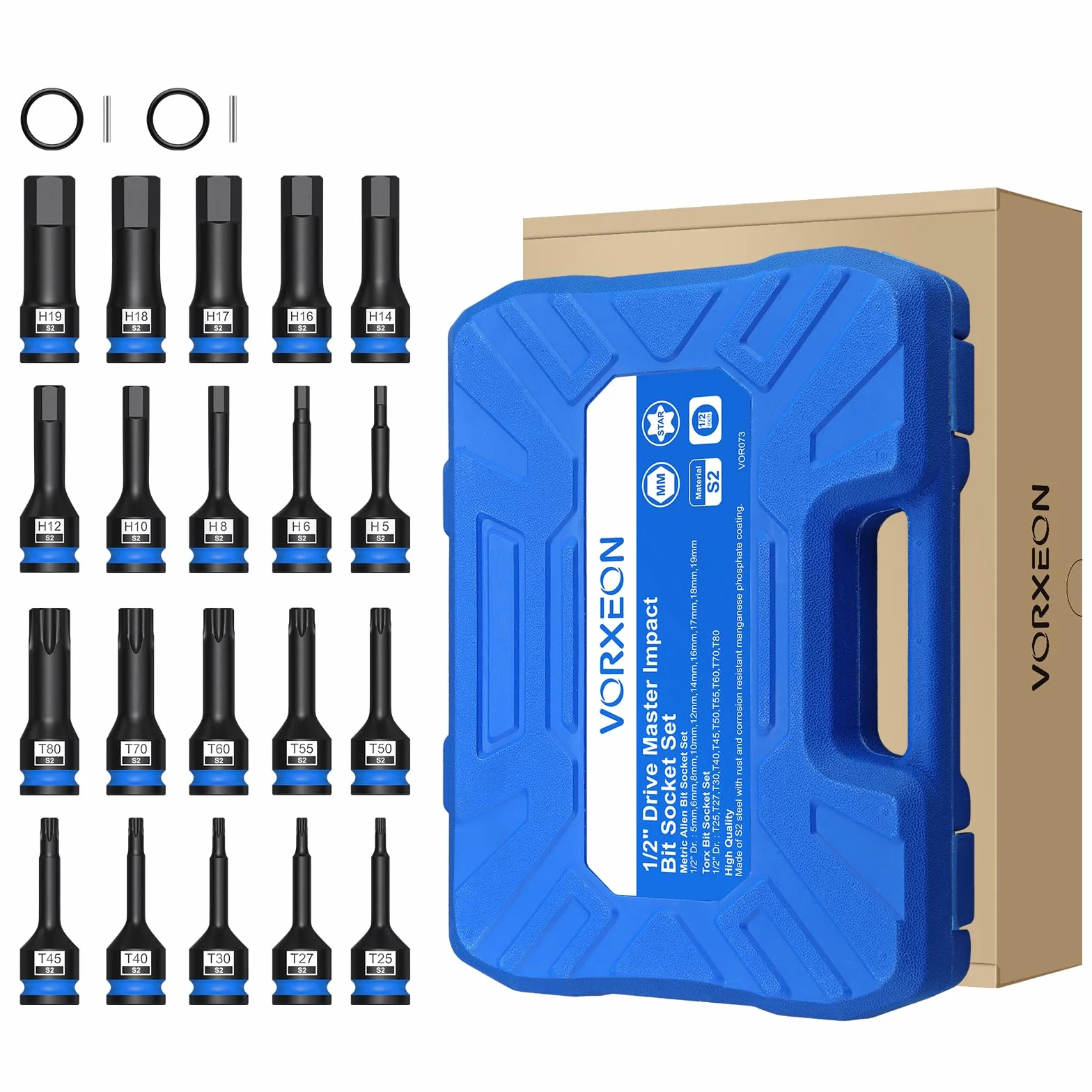 Zestaw 10 sztuk 1/2" kluczy sześciokątnych 5-19mm & 10 sztuk kluczy z końcówkami Torx T25-T80, materiał ulepszony Stal S2 z pudełkiem do przechowywania