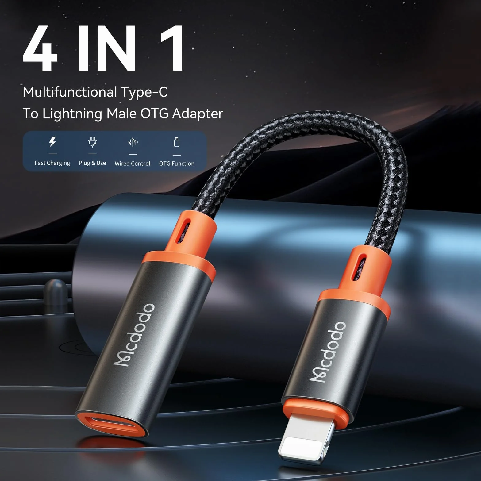 Mcdodo 4 w 1 adapter USB-C na Lightning OTG z ładowaniem audio, krótki do iPhone, iPad, AirPods