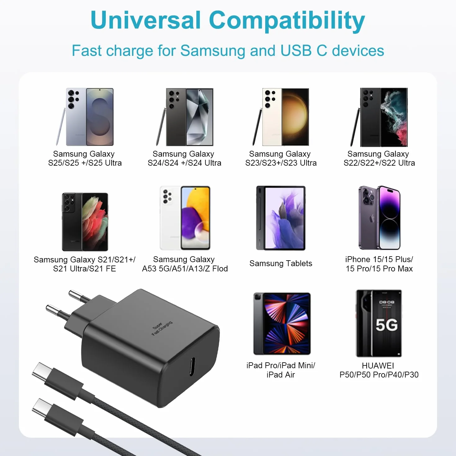 Ładowarka USB C 45 W do Samsung Galaxy S25 S24 S23 S22 S21 S20 Note20 A73 A53 S10, Kabel USB-C 3M Nylon