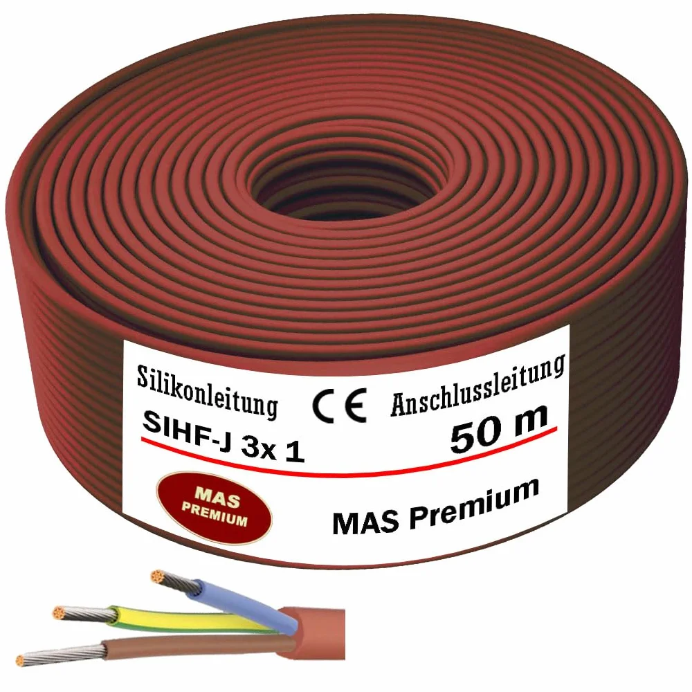 MAS Premium SIHF-J silikonowy kabel przyłączeniowy, 5-250 m, kabel silikonowy, 3 x 1, drobno żyłowy, elastyczny do urządzeń o wysokiej temperaturze (50 m)