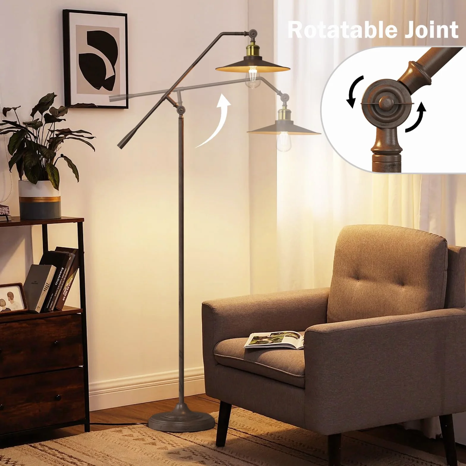 Lampa podłogowa do salonu, regulowana lampa stojąca w stylu industrialnym, gniazdo E27, kabel 2,7 m i przełącznik nożny, do sypialni biura