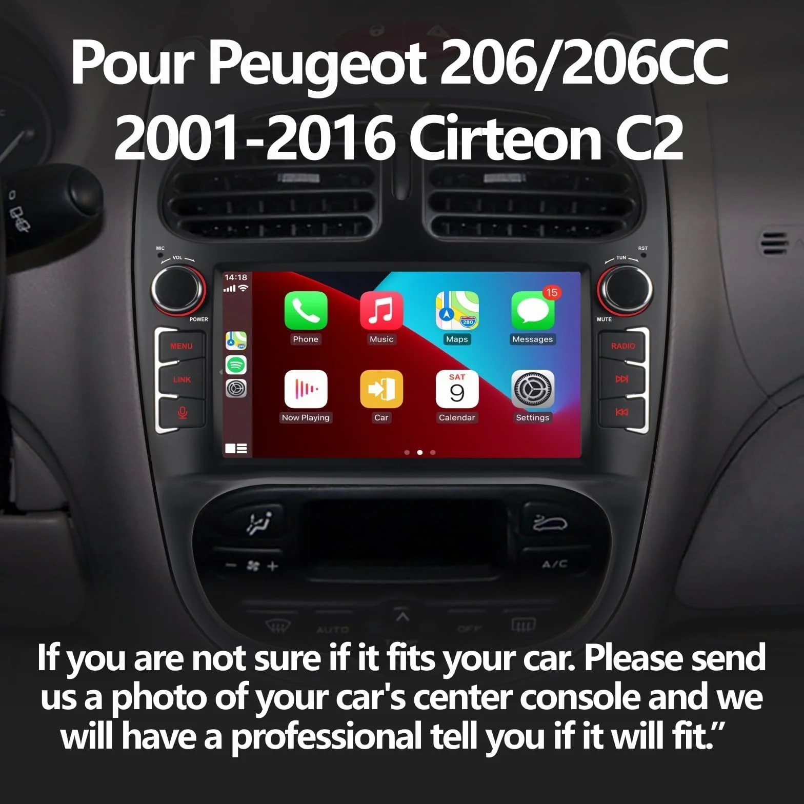 Radio samochodowe Carplay Android bezprzewodowy ekran dotykowy do Peugeot 206 206cc Citroen C2 (2002-2010) FM/AM/RDS Bluetooth