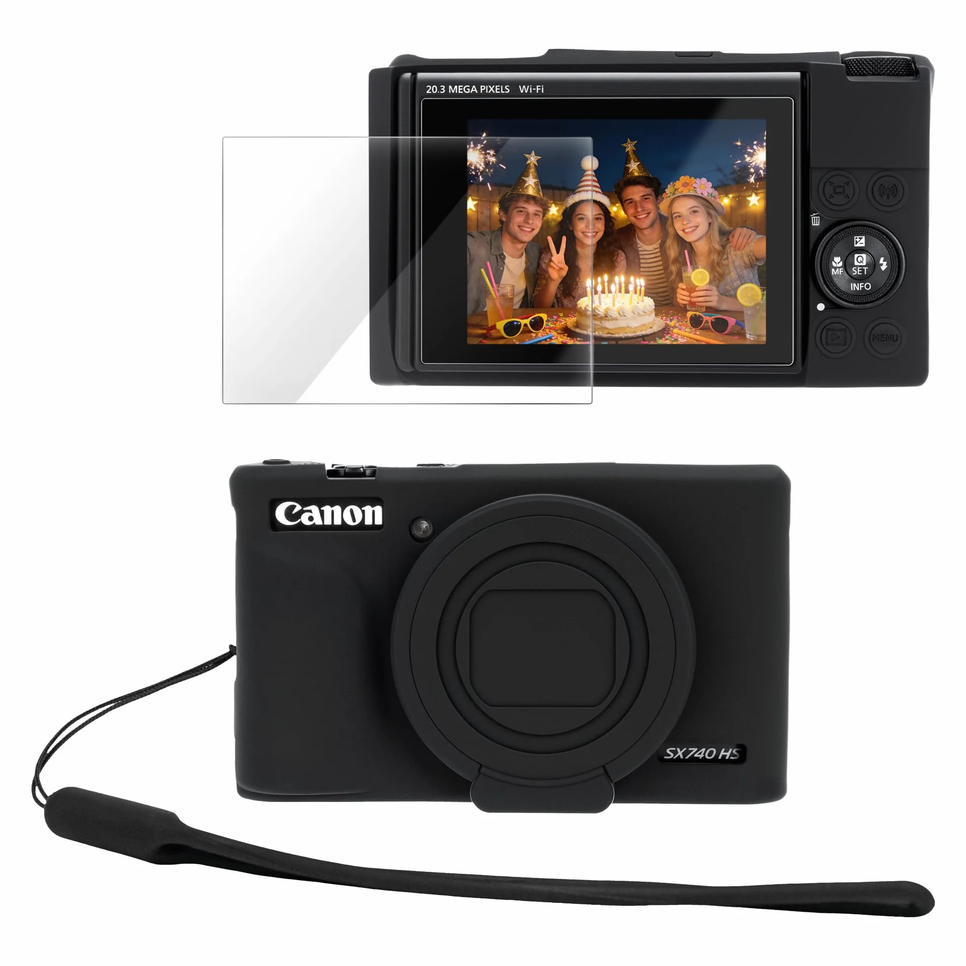 PROfezzion Silikonowe etui ochronne do Canon PowerShot SX740 HS, dopasowany krój, akcesoria z osłoną ekranu i paskiem na nadgarstek do aparatu Canon PowerShot SX740 - czarne