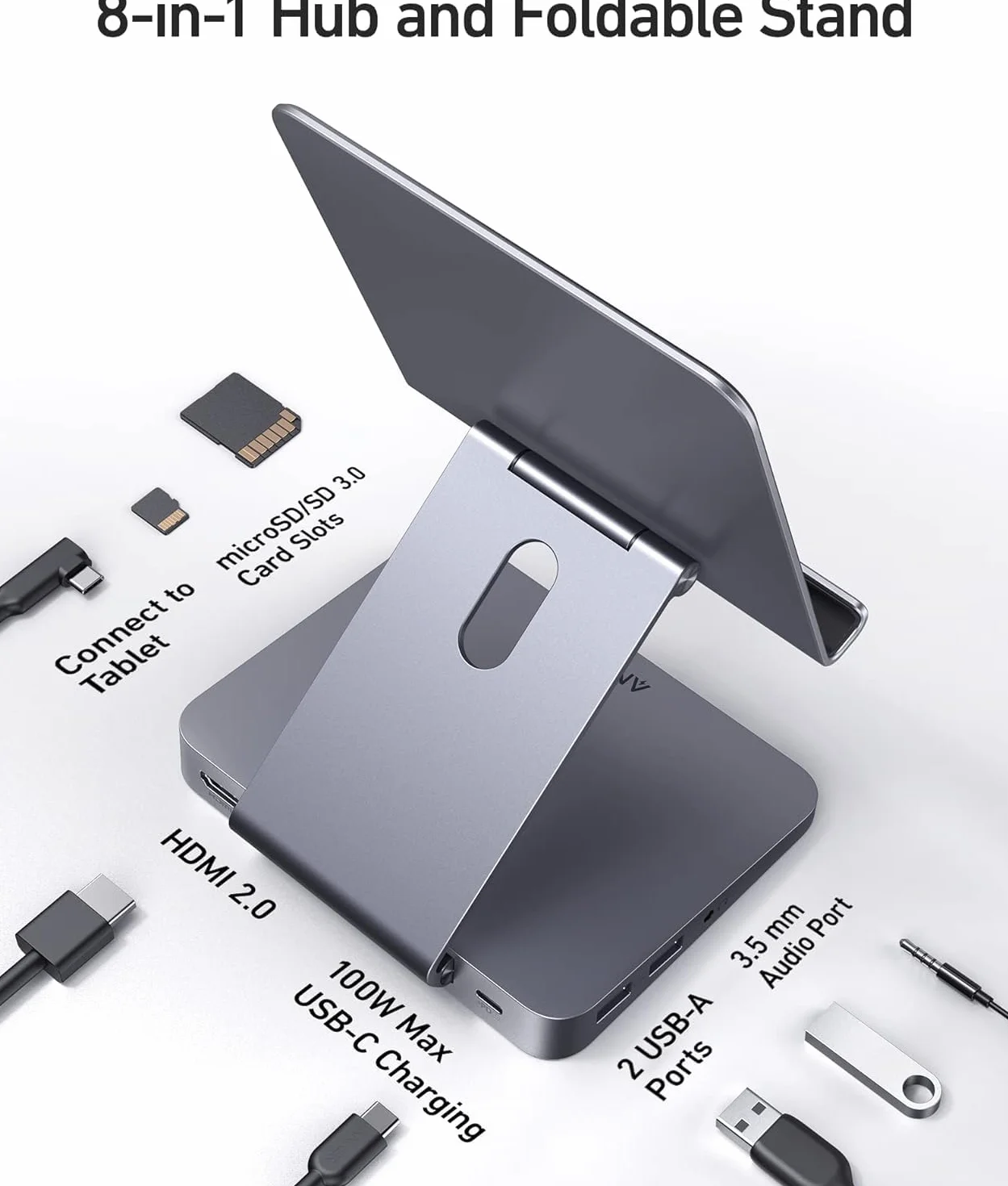 Anker USB C Hub 551 8-in-1 with Folding Tablet Stand, Power Input, 4K HDMI, 2 USB-A Data Ports, 3.5mm AUX and MicroSD/SD Card Slots for iPad Pro and More