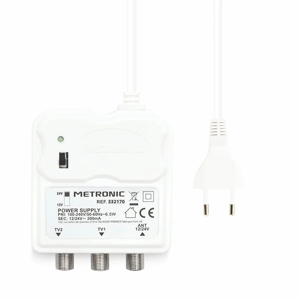 METRONIC 332170 Wzmacniacz wewnętrzny 2 wyjścia TV 9,52 mm Zasilacz 12/24V Biały