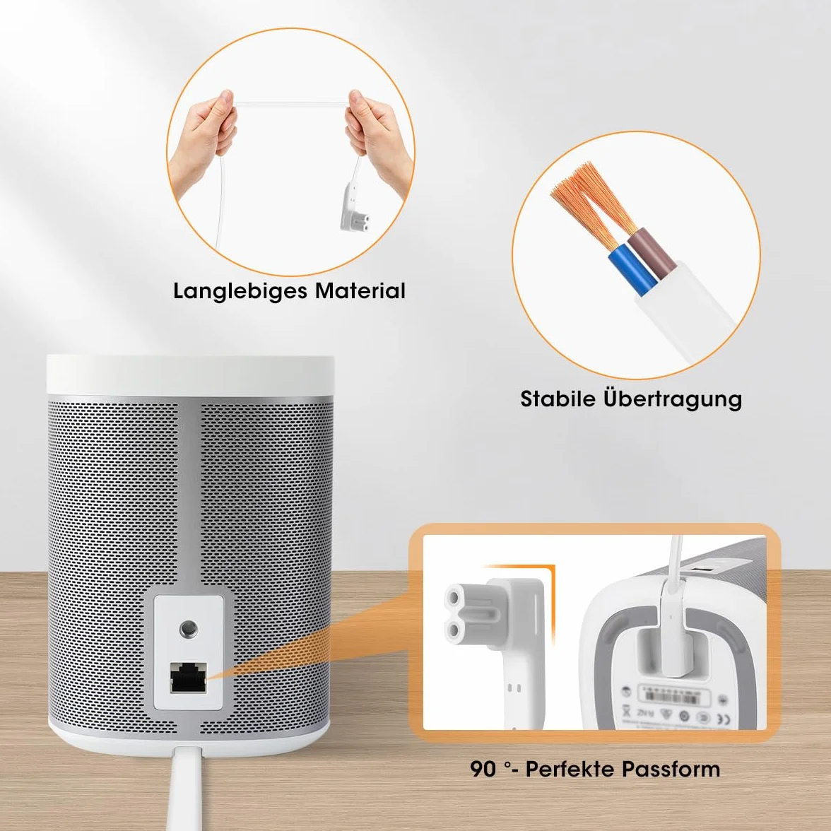 AIEVE Kabel zasilający 35 cm kątowy do SONOS Play 1 One SL ONE WLAN EU szaro-biały