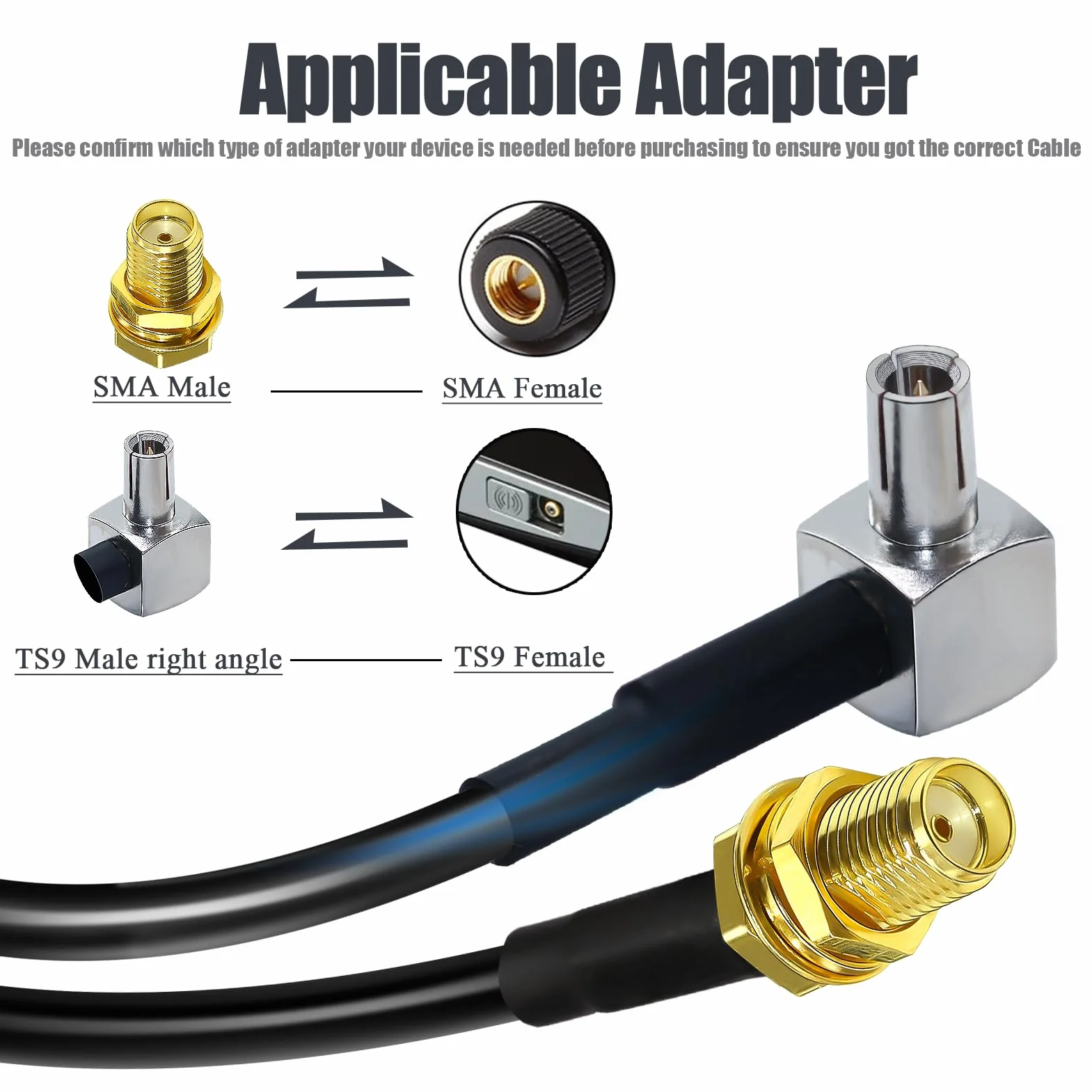 Kabel SMA do TS9 RG174 kąt prosty 15 cm 2 sztuki do anteny 2G 3G 4G LTE UMTS