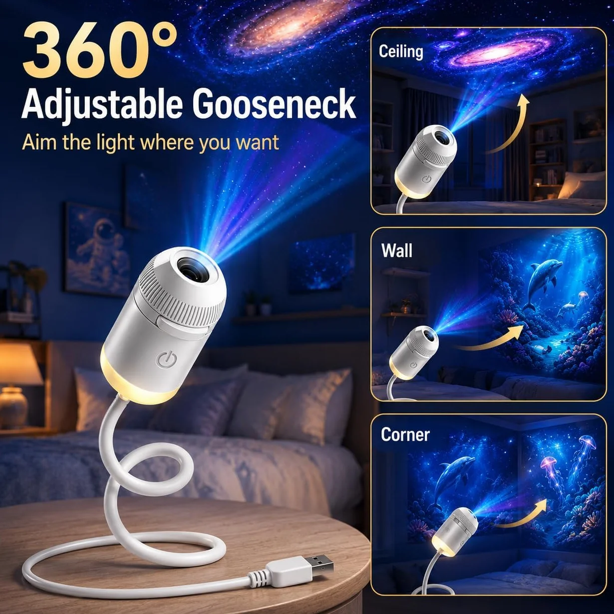 LMIX Galaxy, projektor nocny, 2 w 1, holograficzna gwiazda 5D, projektor Plug and Play, HD, gwiazda, inteligentne, dynamiczne projektory sufitowe, lampa 360°, kosmiczne gwiaździste niebo, projekcja