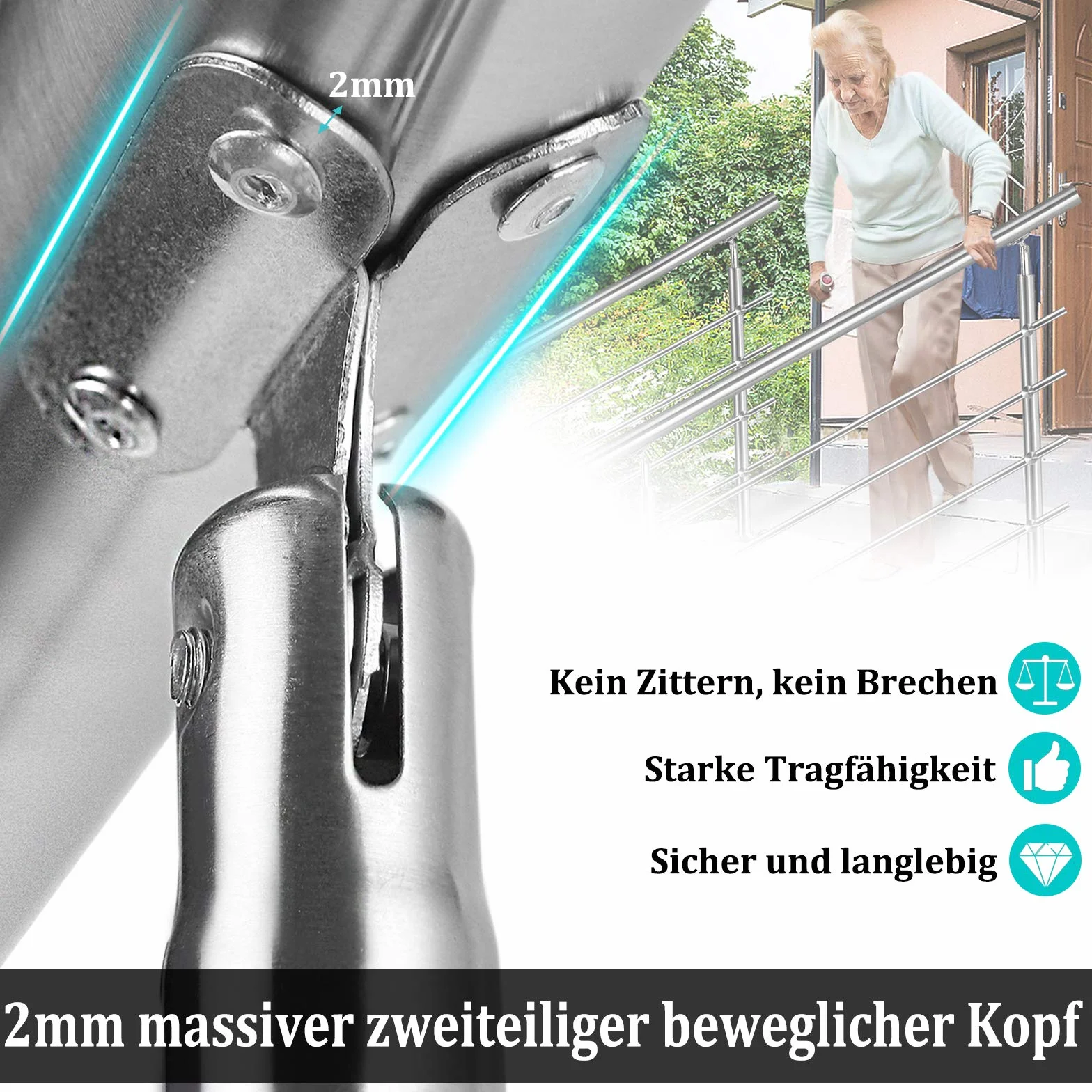 Aufun Poręcz schodowa ze stali nierdzewnej, poręcz do schodów, do użytku wewnątrz i na zewnątrz, na balkon, kolor srebrny, długość: 80 cm, z 2 poprzeczkami