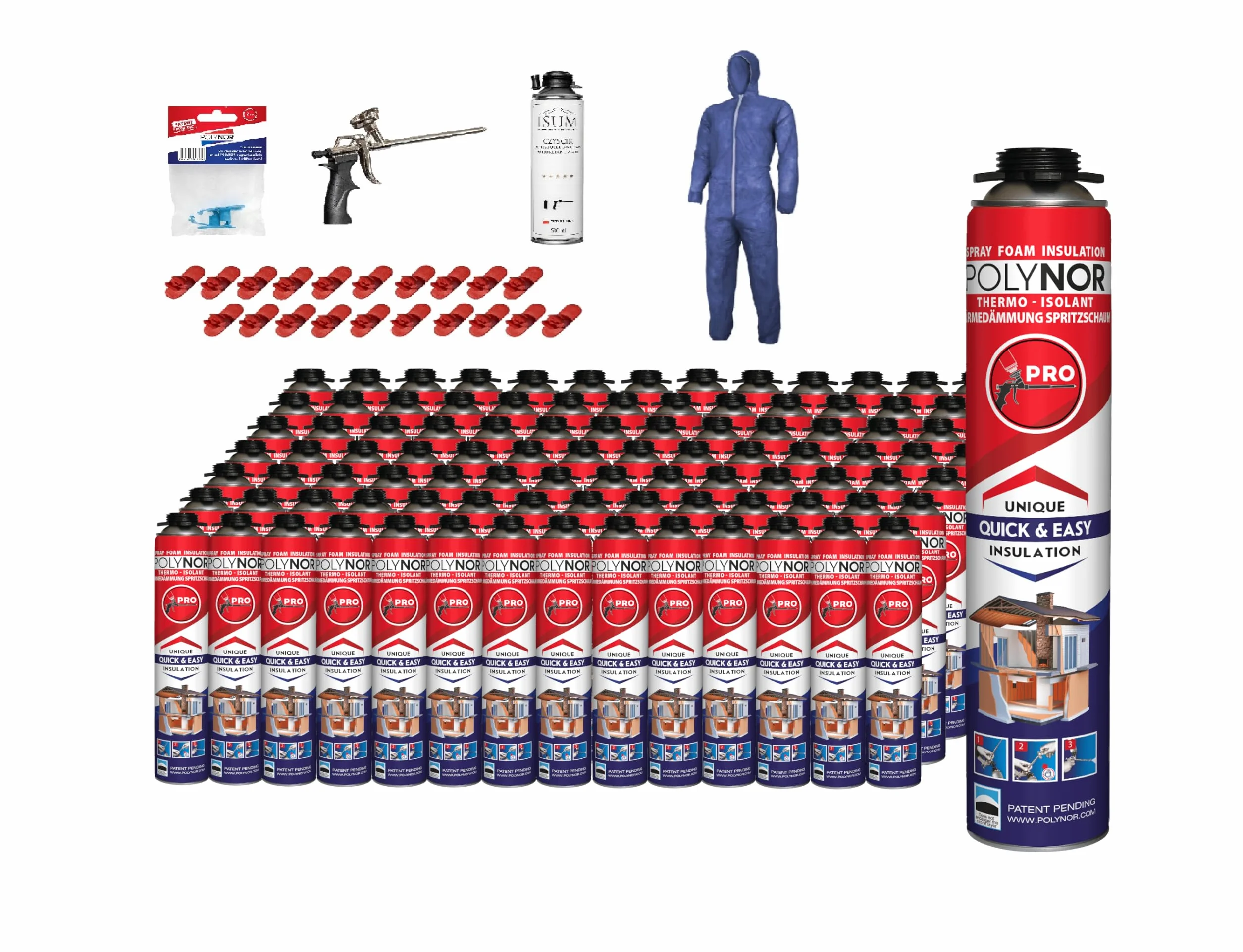 POLYNOR Izolacja Cieplna PUR w Puszce PRO - Pełny Zestaw - 100 Pianek - Pistolet do piany - Natryskowa Izolacja Termiczna - Izolacja Ścian, Dachów, Sufitów, Rur - Aerozol 750 ml