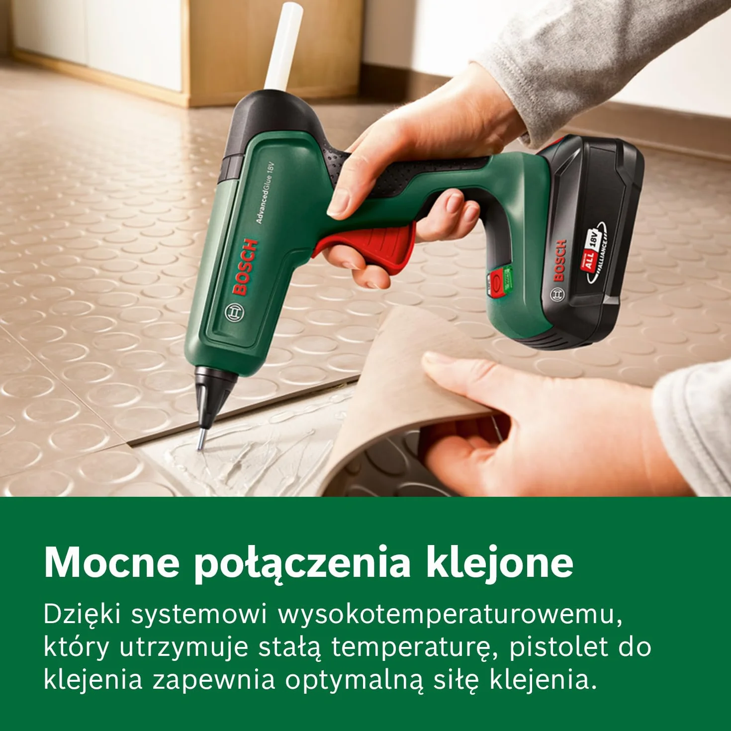 Bosch Home And Garden Akumulatorowy Pistolet do Klejenia, AdvancedGlue 18 V, bez Akumulatora, System 18 V, 4 x Sztyfty Kleju, Nagrzewanie w 90 Sekund, Tryb Dual Temp 130 °C - 200 °C