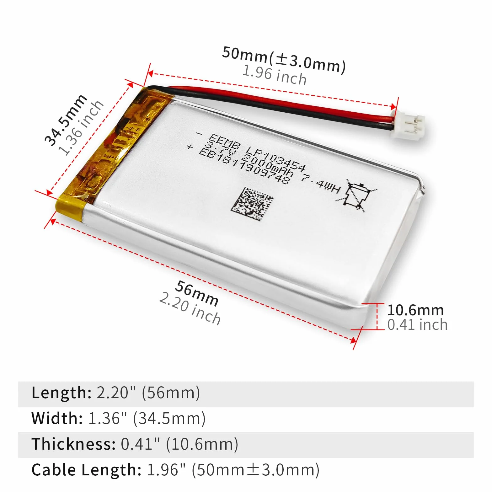 EEMB 3.7V 2000mAh 103454 Bateria Lipo litowo-polimerowa ze złączem JST