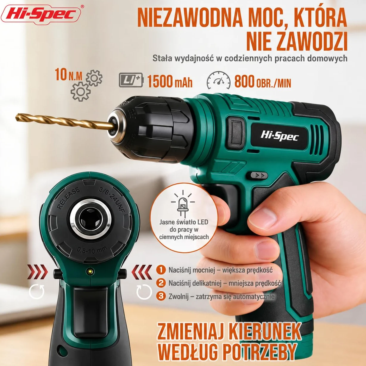 Hi-Spec 8V Wiertarko-Wkrętarka Akumulatorowa USB z Zestawem Narzędzi – Bezprzewodowy Elektrowkrętak i Kompaktowy Zestaw DIY do Domu, Zielony