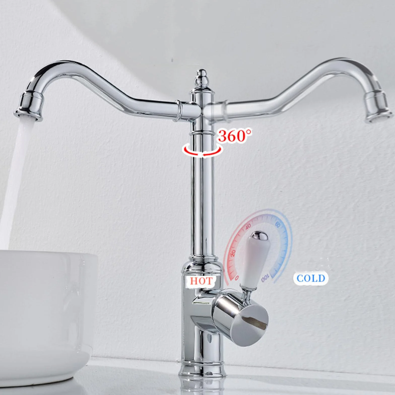 Ceramiczna bateria umywalkowa w stylu vintage z obrotem 360° do montażu w łazience z 1 otworem