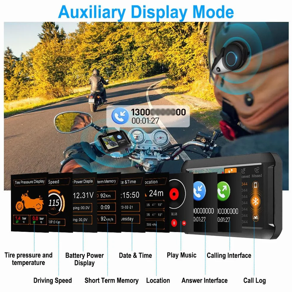 VSYSTO 4-calowy ekran WiFi Motocykl Dash Cam, tryb telefonu Bluetooth, czujniki ciśnienia w oponach, GPS, czujnik temperatury, monitoring parkingu, kamera przednia HD 1080P SONY307 (F9L)
