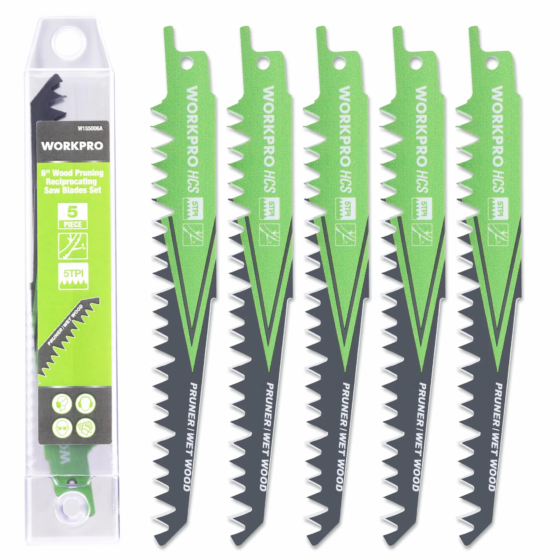 WORKPRO Zestaw brzeszczotów do piły szablastej 5-częściowy, brzeszczot 152 mm 5TPI wykonany z HCS, do cięcia gałęzi, drewna, plastiku, kompatybilny ze standardowymi piłami szablastymi