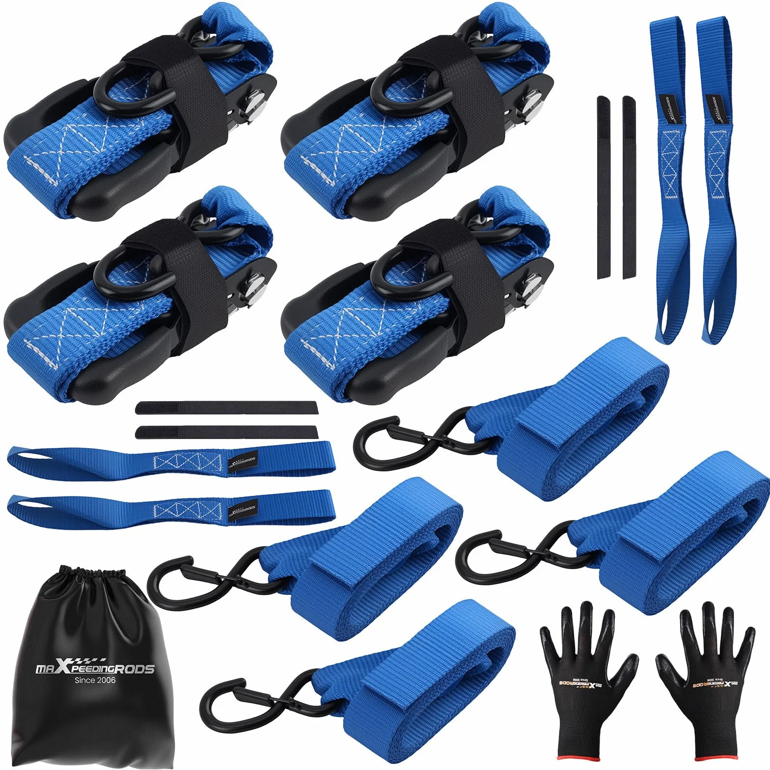 maXpeedingrods 4-cz??ciowy zestaw pasów mocuj?cych z grzechotk?, 2362 kg, z mi?kkimi p?tlami i hakami w kszta?cie litery S, 2,4 m x 4 cm, w zestawie torba i r?kawiczki – do motocykla, ATV, samochodu | z miękkimi pętlami i hakami w kształcie litery S, 2,4