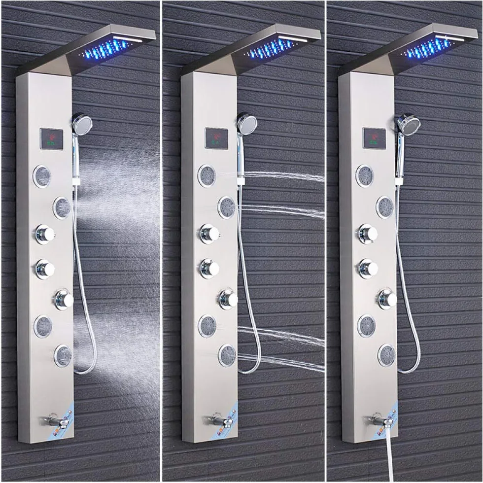 Panel prysznicowy do wanny z wyświetlaczem temperatury LCD, kolumna prysznicowa LED ze stali nierdzewnej z dyszą korpusu SPA, dysze do masażu