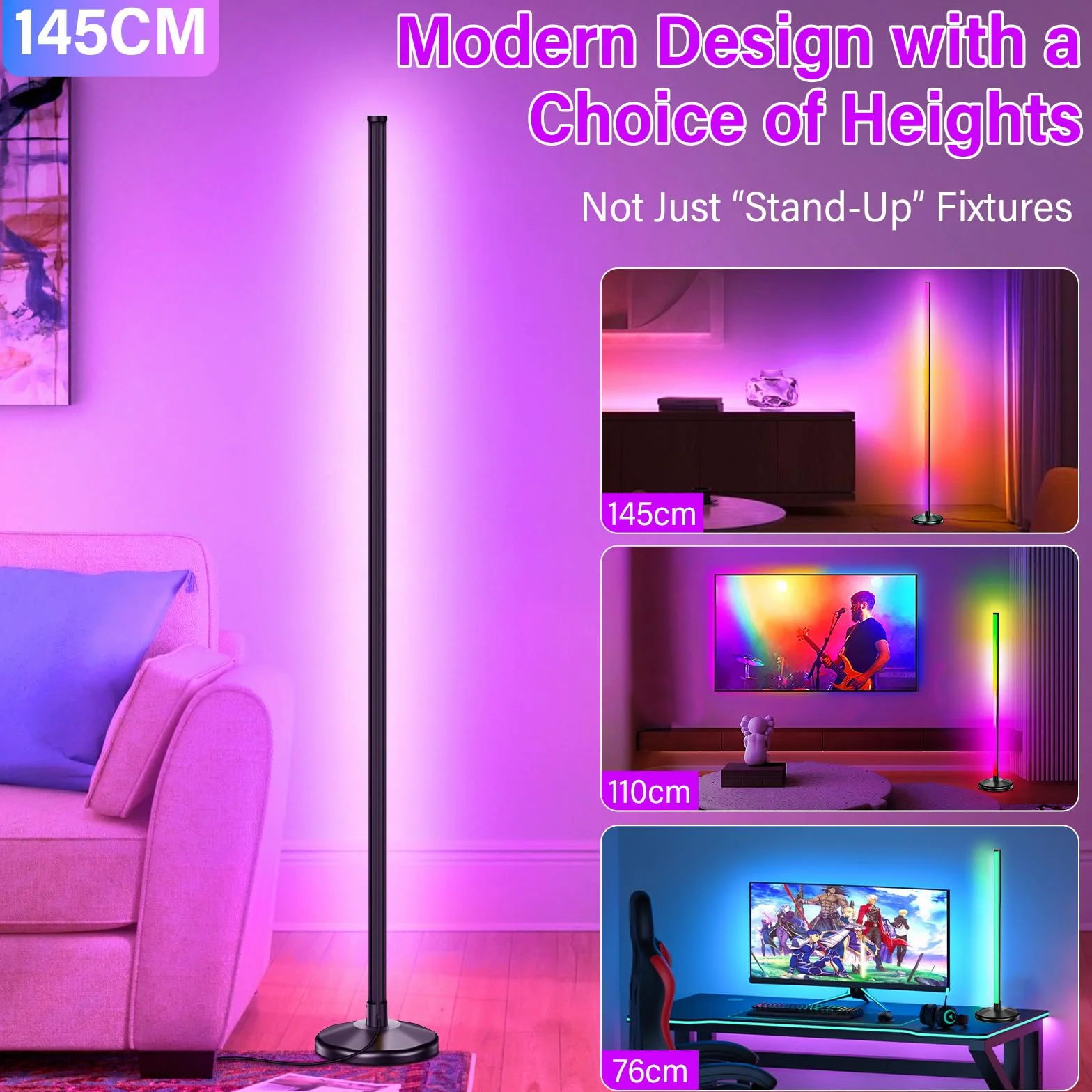 NIKYJM Lampa stojąca LED do salonu, 145 cm, RGB, ściemniana, lampa stojąca LED, lampa narożna z pilotem zdalnego sterowania i aplikacją, 16 milionów kolorów, 300 trybów scenerii, tryb muzyczny, "zrób