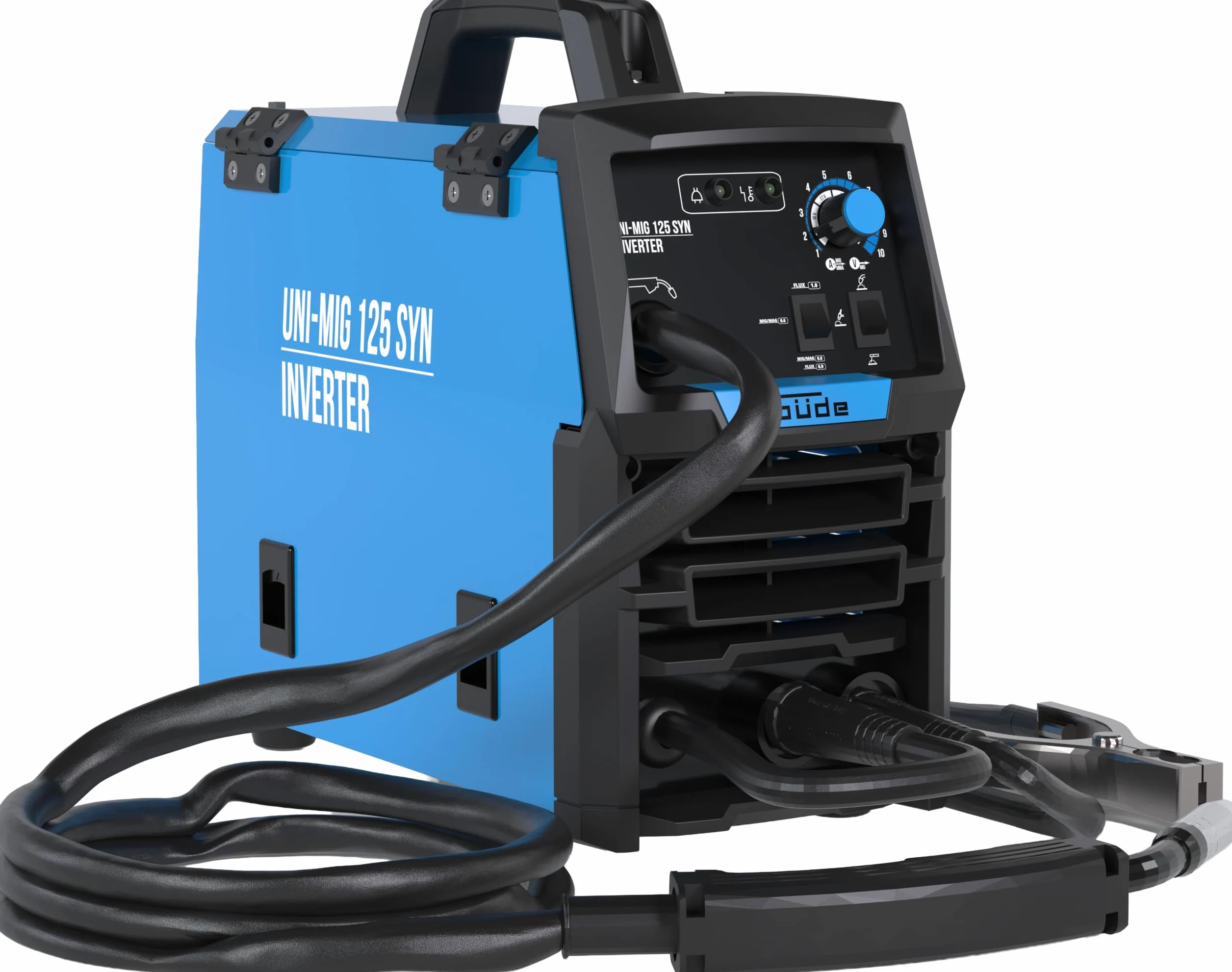 Güde Uniwersalna spawarka Uni-Mig 125 SYN (230 V, 4 w 1, maks. prąd spawania 120 A, regulator 20-120 A, w zestawie uchwyt elektrody, pakiet węży, zacisk masowy, młotek żużlowy, tarcza spawalnicza i