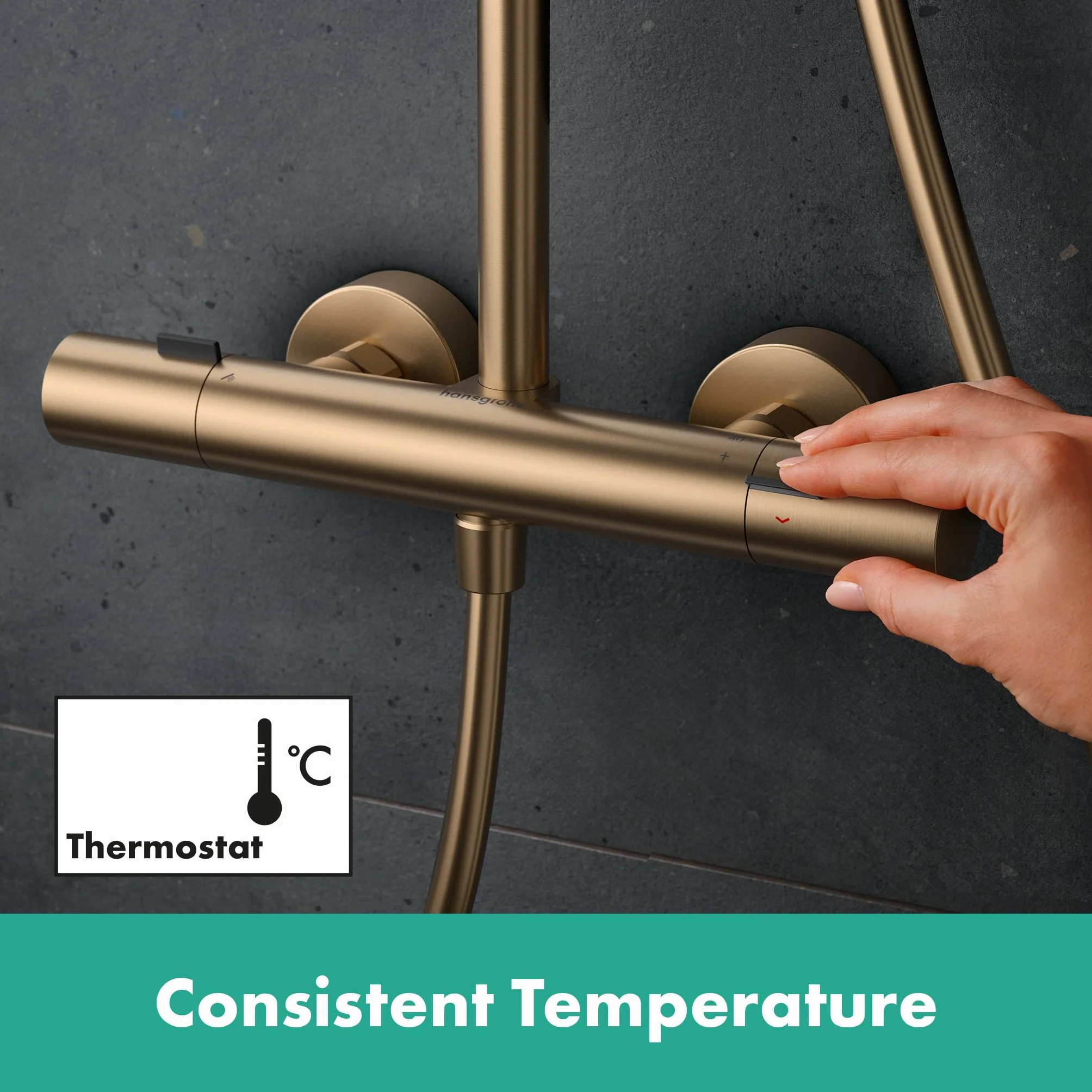 hansgrohe Pulsify S Puro - komplet prysznicowy z termostatem, zestaw prysznicowy z główką prysznicowa 3-strumieniowa, wąż, szyna i deszczownica okrągła (⌀ 260 mm), brąz szczotkowany, 24236140