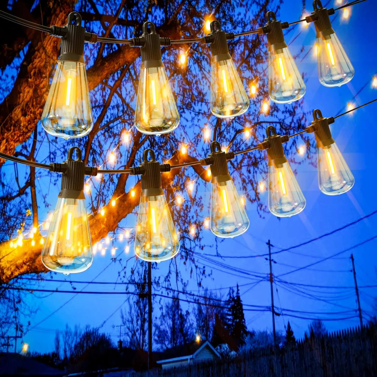 Łańcuch świetlny LED do użytku na zewnątrz, 45 m, z 73 + 3 przyciemnianymi żarówkami w kolorze ciepłej bieli, odporny na warunki atmosferyczne, na taras, do ogrodu, na imprezę, balkon, wesela