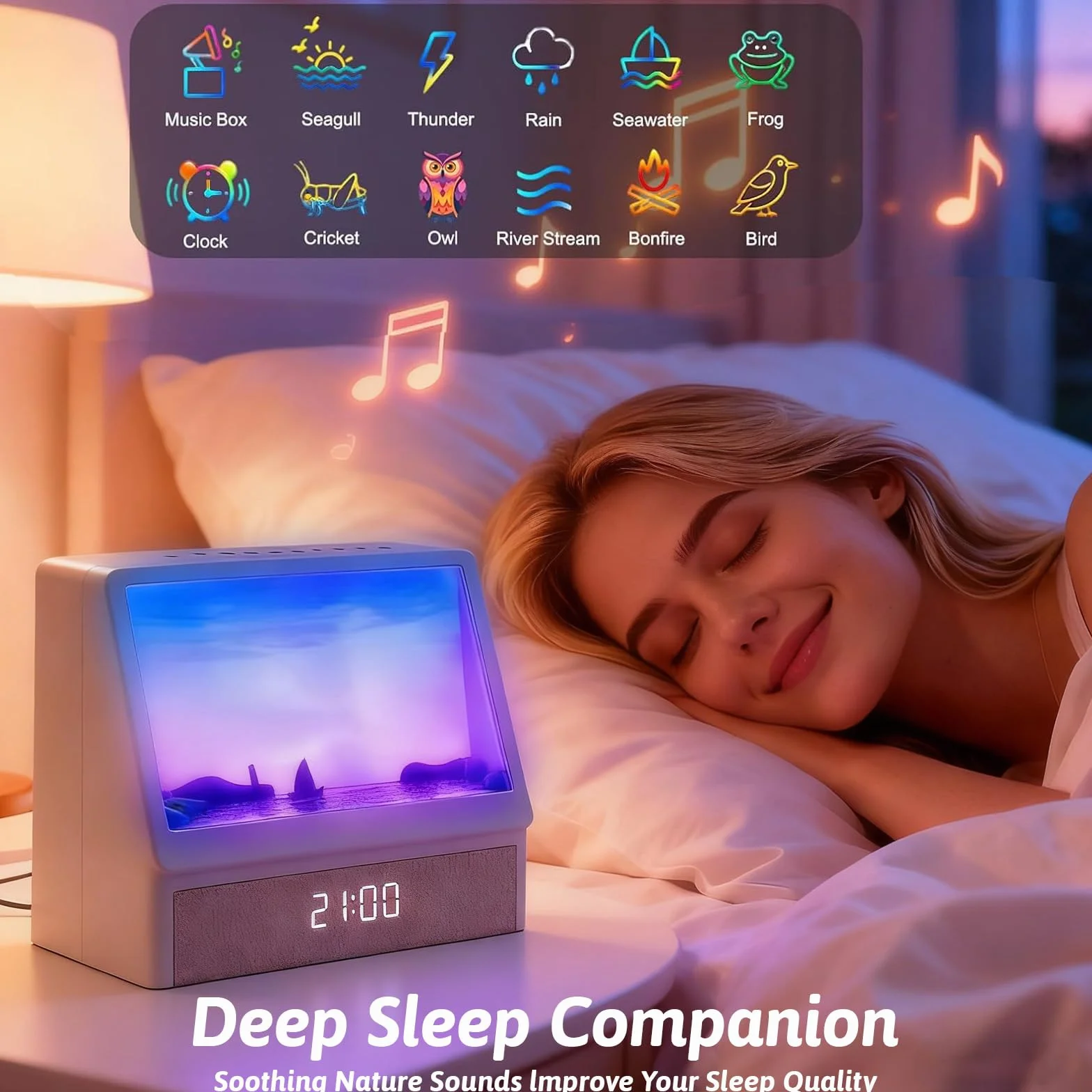 Gemmac Budzik z Symulacją Wschodu Słońca i Maszyną Dźwiękową – Biała Maszyna do Hałasu 12 Naturalnych Dźwięków Snu Głośnik Bluetooth Lampka Nocna i Światło Budzik z Lampką Budzącą dla Dorosłych