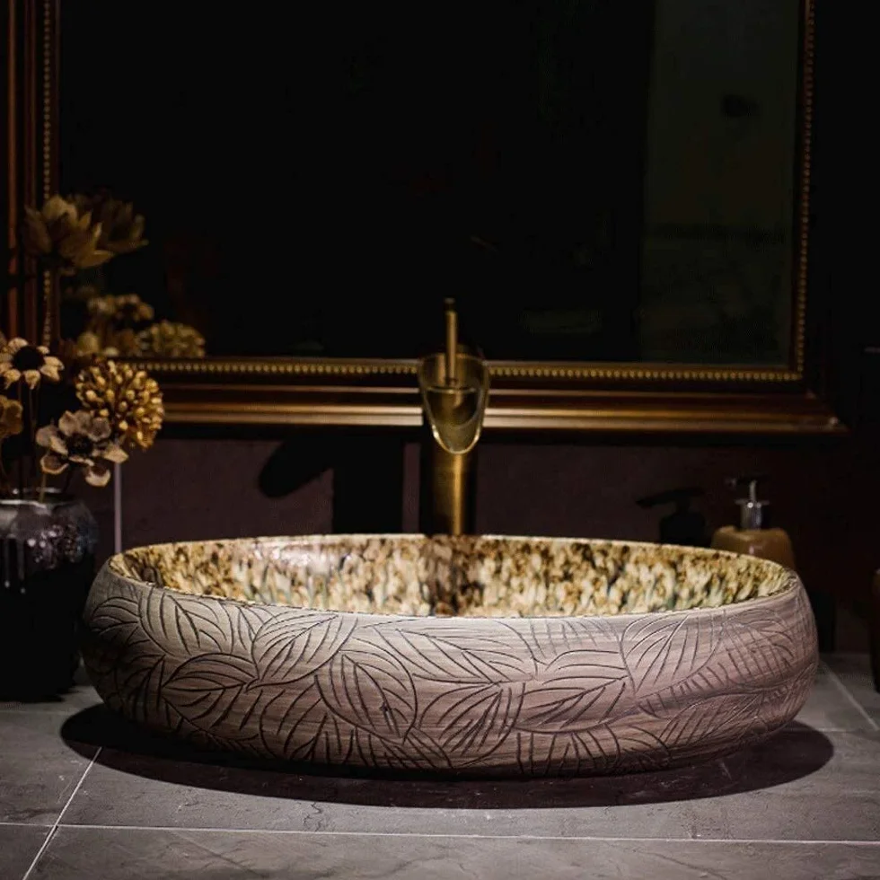 Szafka Pod Umywalkę Z Umywalką, Umywalka Nablatowa, Umywalka Nablatowa Łazienkowa 21 X 14 Cali, Europejska Rustykalna, Owalna, Porcelanowa, Ceramiczna Umywalka Nablatowa