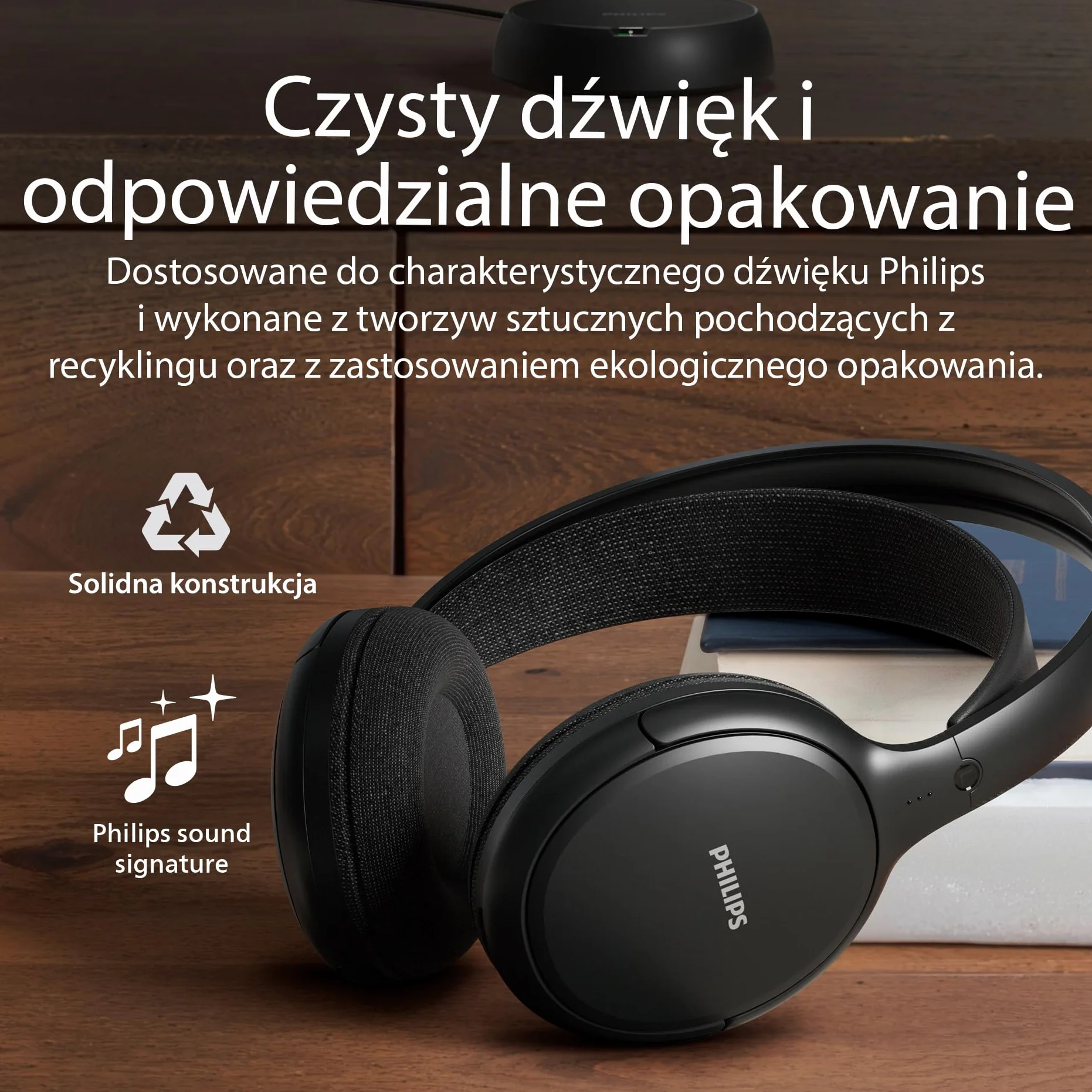 Philips SHC5200M2 bezprzewodowe słuchawki telewizyjne z czasem odtwarzania 30 godzin, zasięg 30 m, cyfrowe połączenie 2,4 G, wygodne dopasowanie do uszu, wymienny akumulator, wyraźny dźwięk dialogowy
