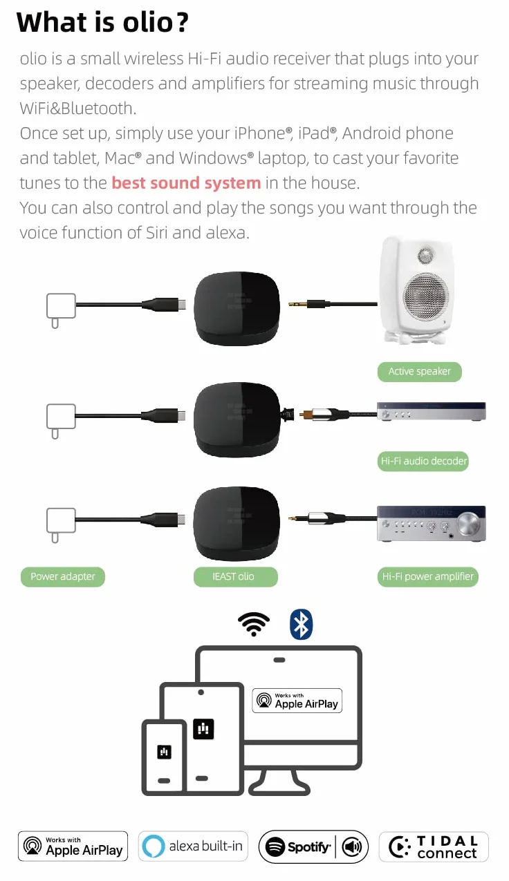 Odbiornik audio OLIO działa z Airplay 2 Siri Amazon Alexa Dual WiFi 2.4G 5G i trybem Bluetooth Spotify Tidal Connect Directly Hi-Res Audio Muitizone Obsługa Multiroom