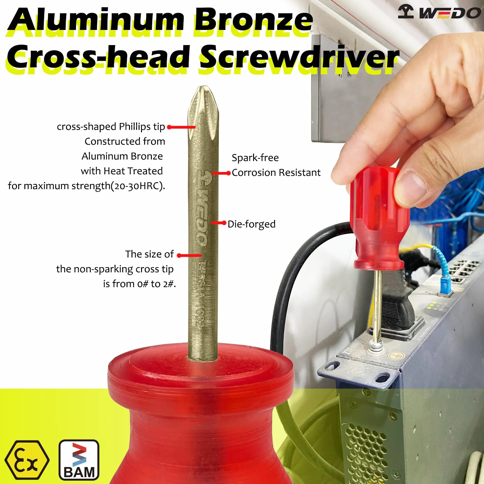WEDO Zestaw 2 nieiskrzących wkrętaków płaskich i krzyżowych, kieszonkowe narzędzie do naprawy z łbem płaskim i krzyżowym, aluminiowy brąz, standard DIN, certyfikat BAM i FM, do ciasnych przestrzeni