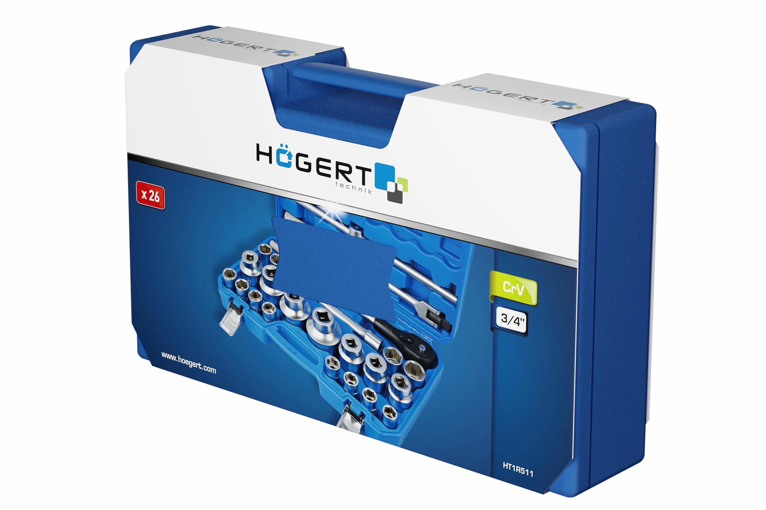 Högert Technik - Zestaw narzędzi 26 części, 3/4" | zestaw narzędzi | grzechotka i nasadki oraz inne akcesoria 3/4" i 1" | stop stali chromowo-wanadowej