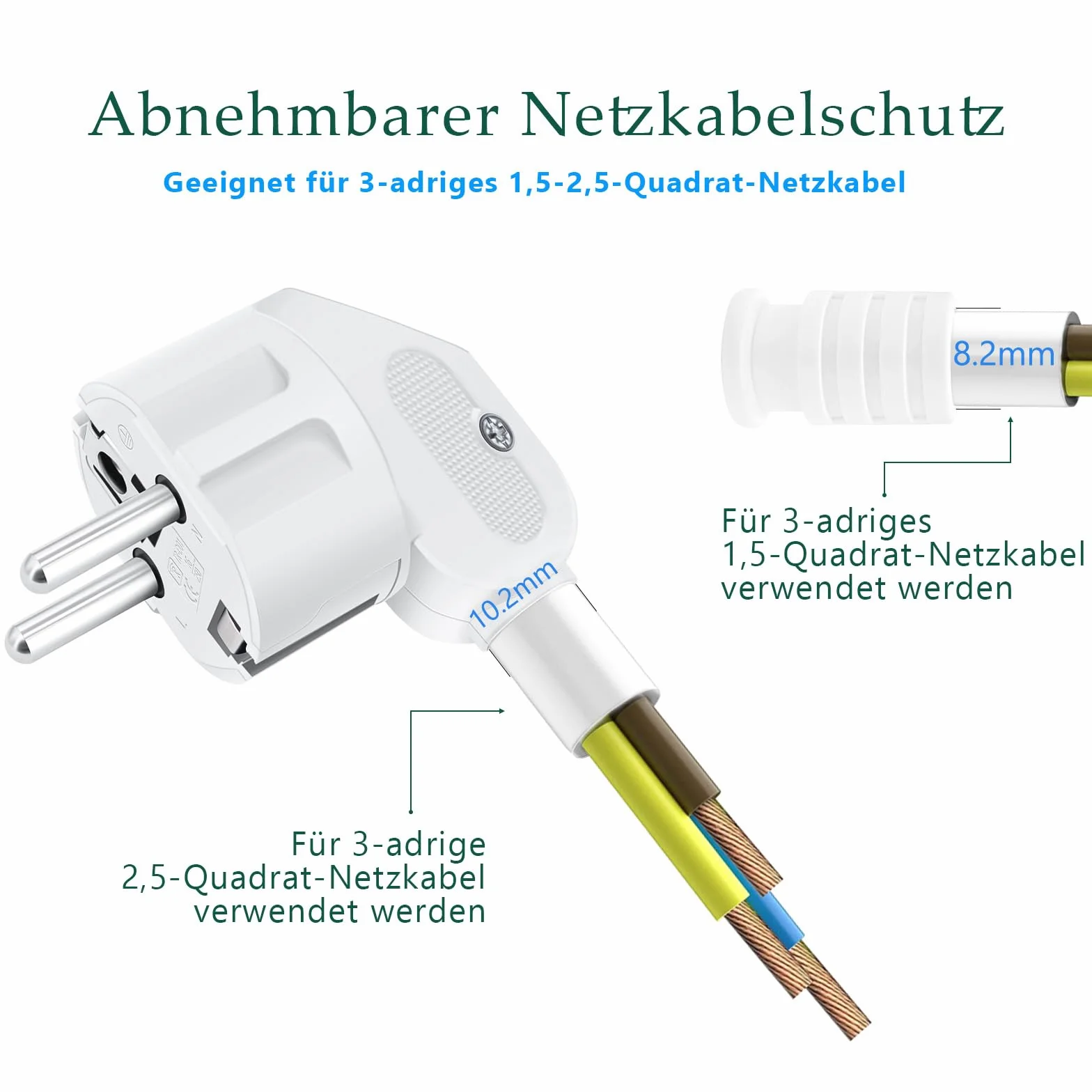 Wtyczka Schuko 250 V z odciążeniem ciągu, wtyczka z zestykiem ochronnym, ochrona przed zagięciem, ochrona przed wodą rozbryzgową i trwała, IP20, odporna na pękanie, biała – 3 sztuki białe