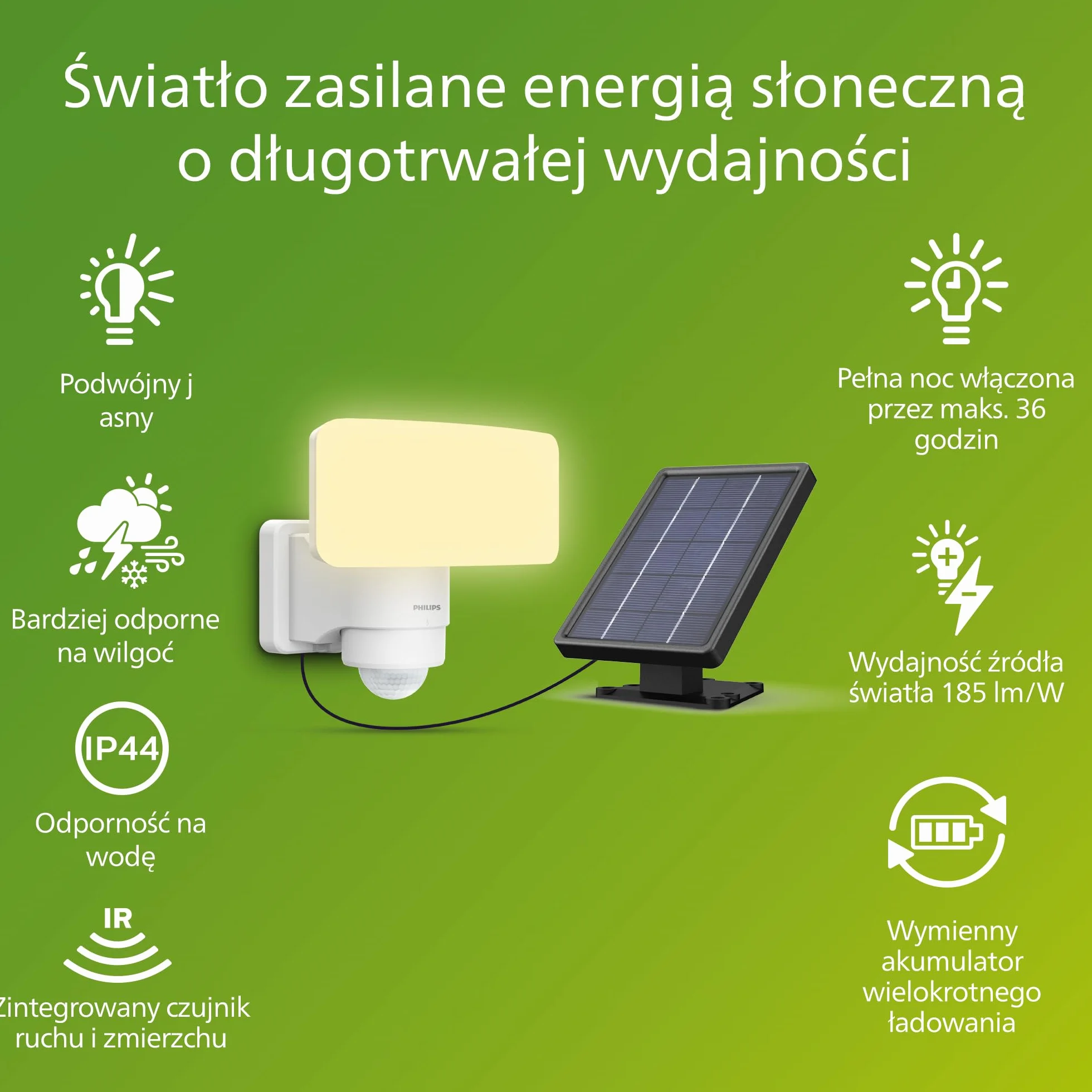 Philips Tylus UltraEfficient Zewnętrzna Lampa Solarna Bezpieczeństwa z Czujnikiem, 3000K, 1000/50lm, Biała