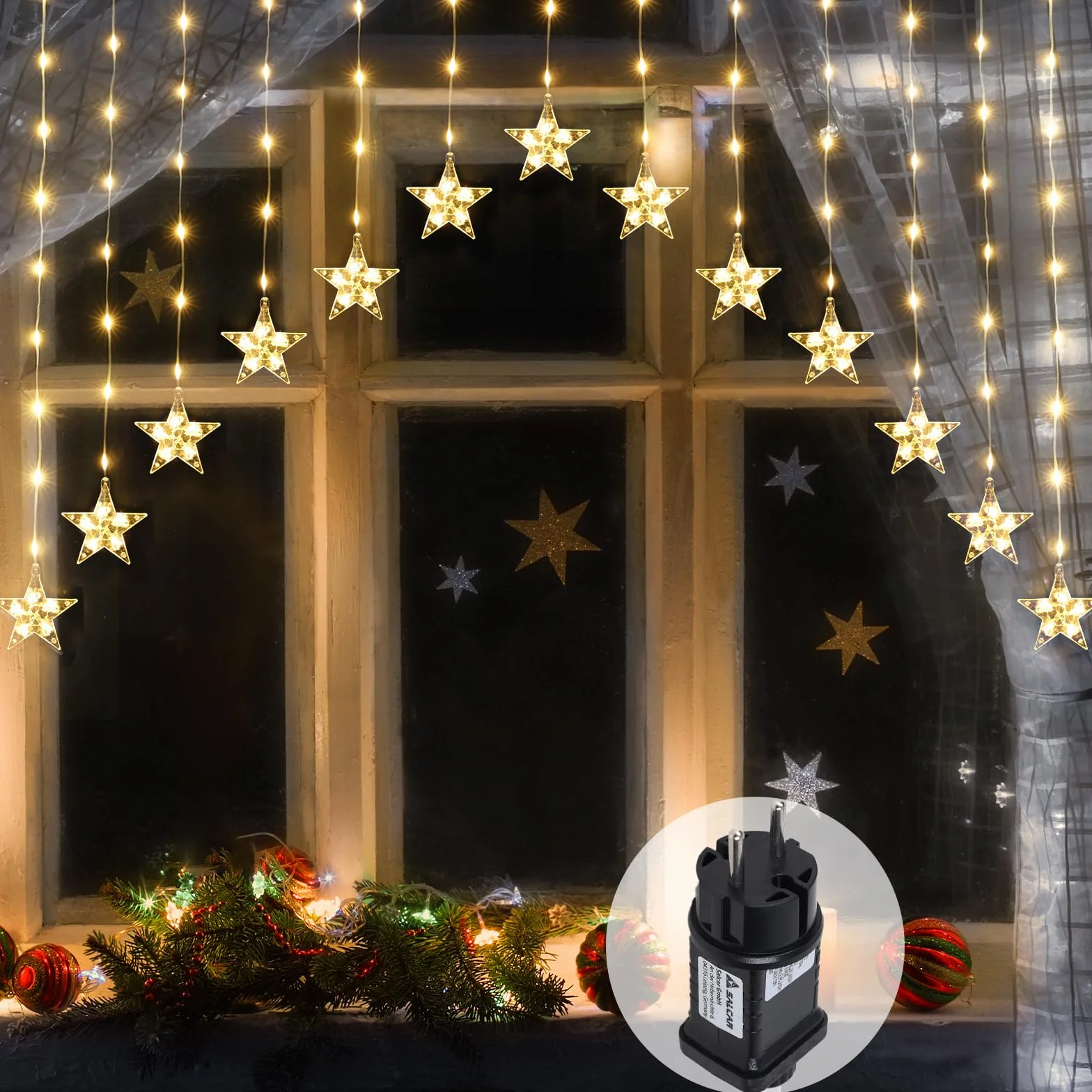 SALCAR Kurtyna świetlna LED, 3 m, 222 diody LED z 16 gwiazdami, łańcuch świetlny LED, dekoracja okienna, gwiazda z timerem, oświetlenie bożonarodzeniowe na Boże Narodzenie, balkon, imprezę, wesele –