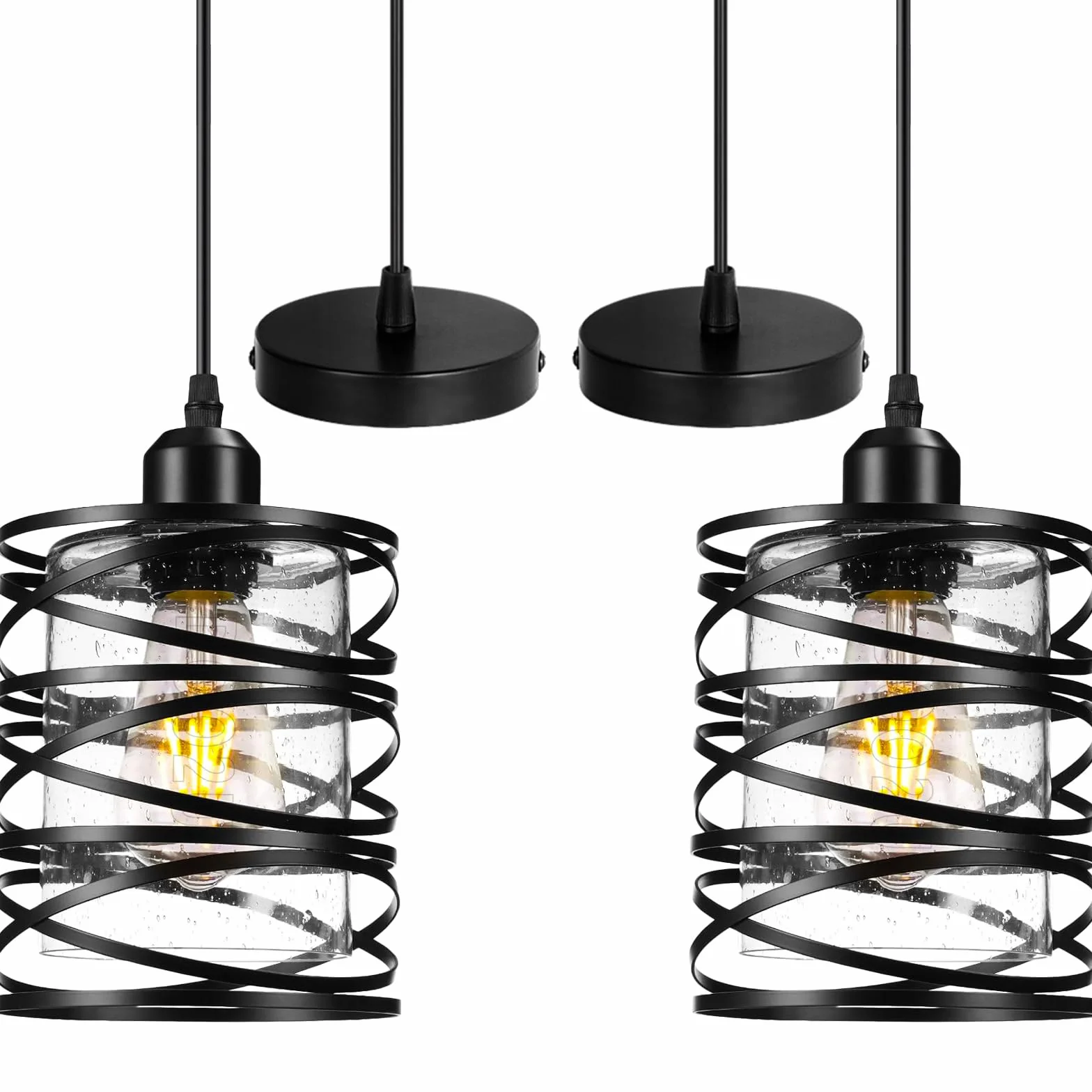 Zestaw 2 przemysłowych żyrandoli wiszących w stylu retro, vintage, metalowa lampa sufitowa E27 ze szklanym abażurem do sypialni, restauracji, salonu (2-klosz z przezroczystego szkła - A)