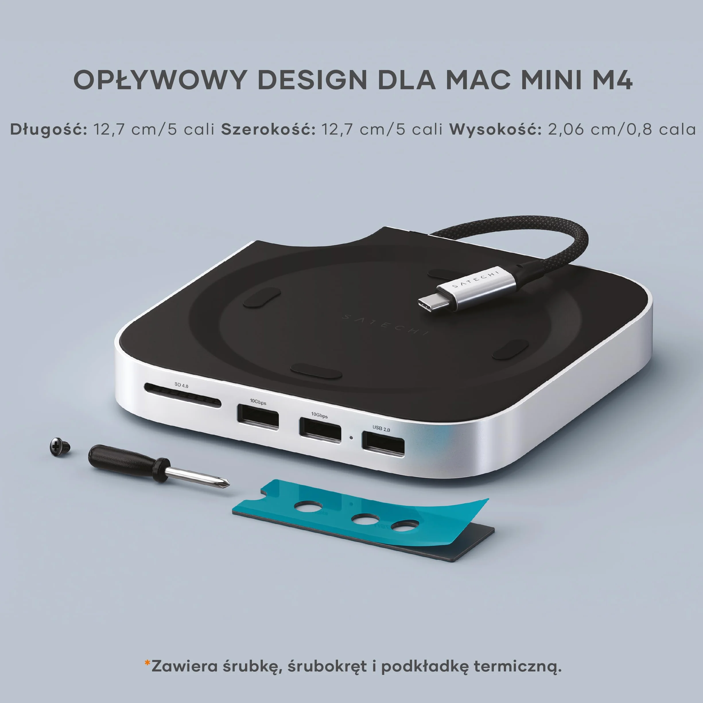 SATECHI Stacja dokująca Mac Mini M4 Hub & Stand z obudową na SSD NVMe, 2x USB-A 10 Gbps, czytnikiem kart SD – Srebrny