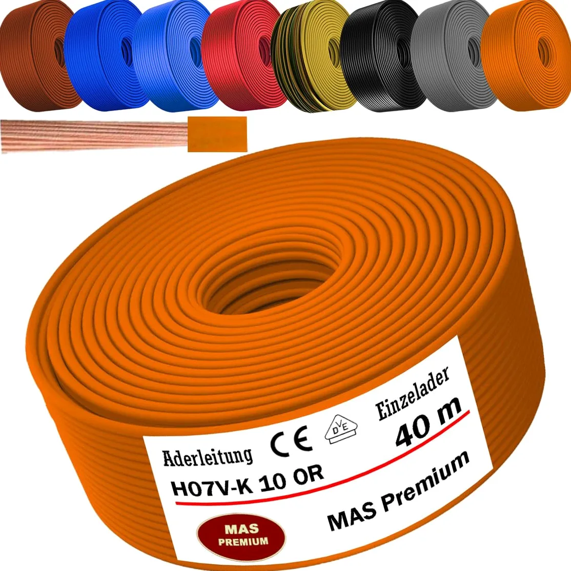 MAS Premium Przewód żyłowy od 5 do 100 m H07 V-K 10 mm², czarny, brązowy, ciemnoniebieski, zielony, jasnoniebieski, szary, pomarańczowy lub czerwony, elastyczny (pomarańczowy, 40 m)