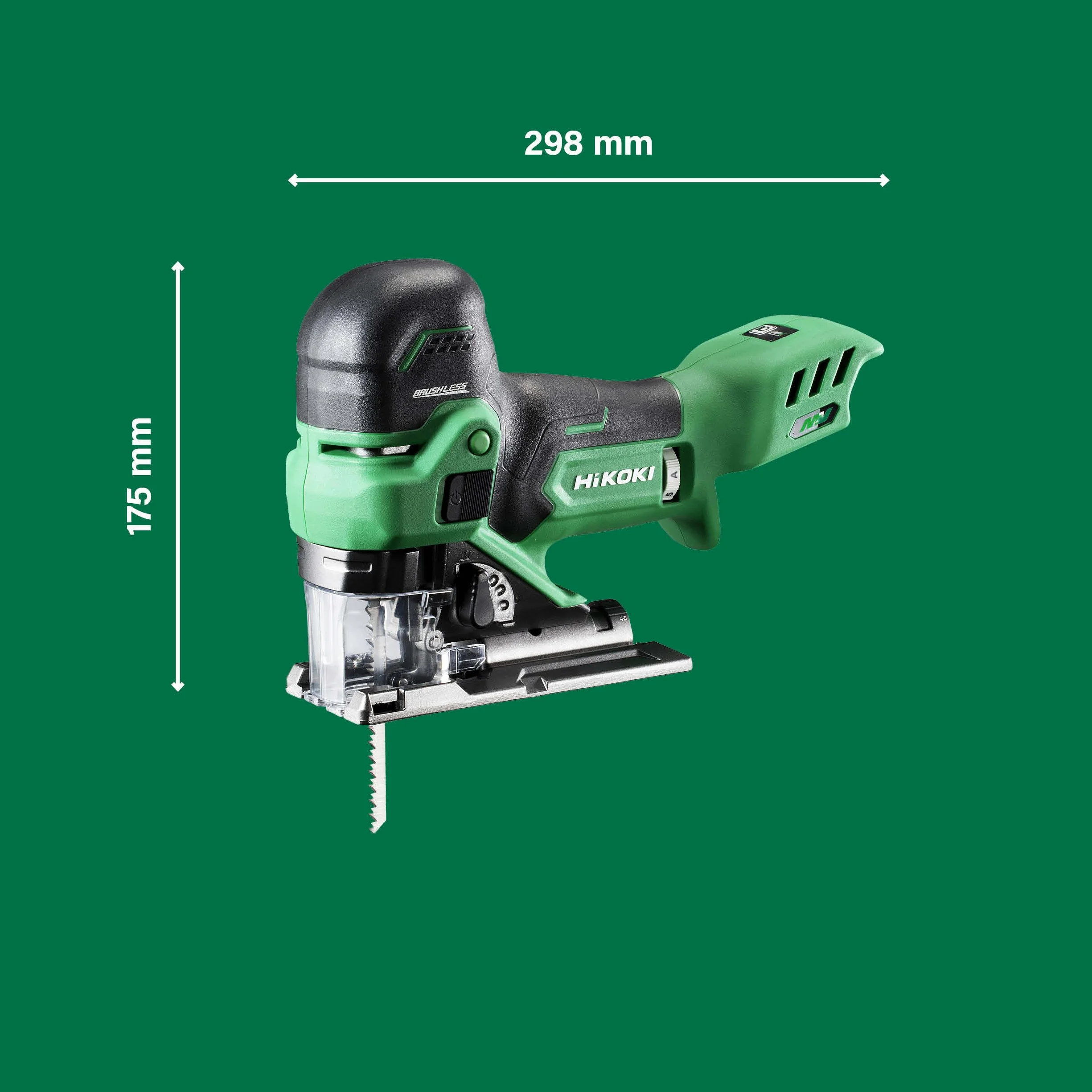 HIKOKI Akumulatorowa wyrzynarka (uchwyt prętowy) CJ36DB (36 V, 2 x 2,5 akumulator litowo-jonowy, silnik bezszczotkowy, cięcia ukośne R/L: 45°, skos: 26 mm, prędkość skokowa: 800-3500 min-1, dostawa w